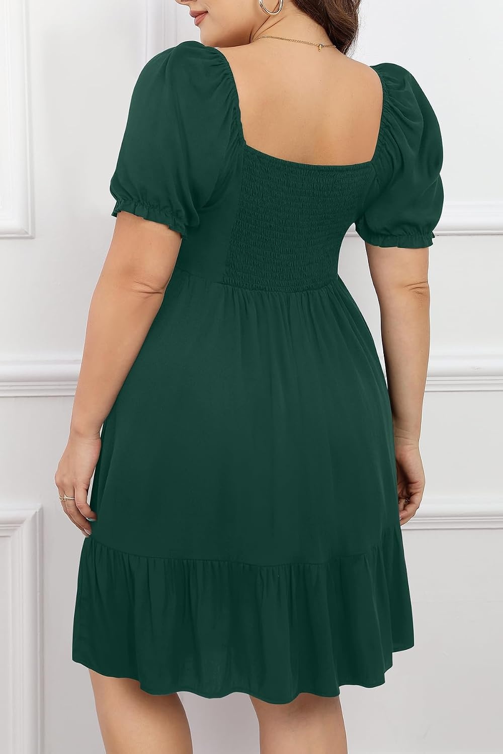 Talisea Plus Size Sweetheart Neck Puff Short Sleeve Babydoll Summer Dress(Emerald Green)