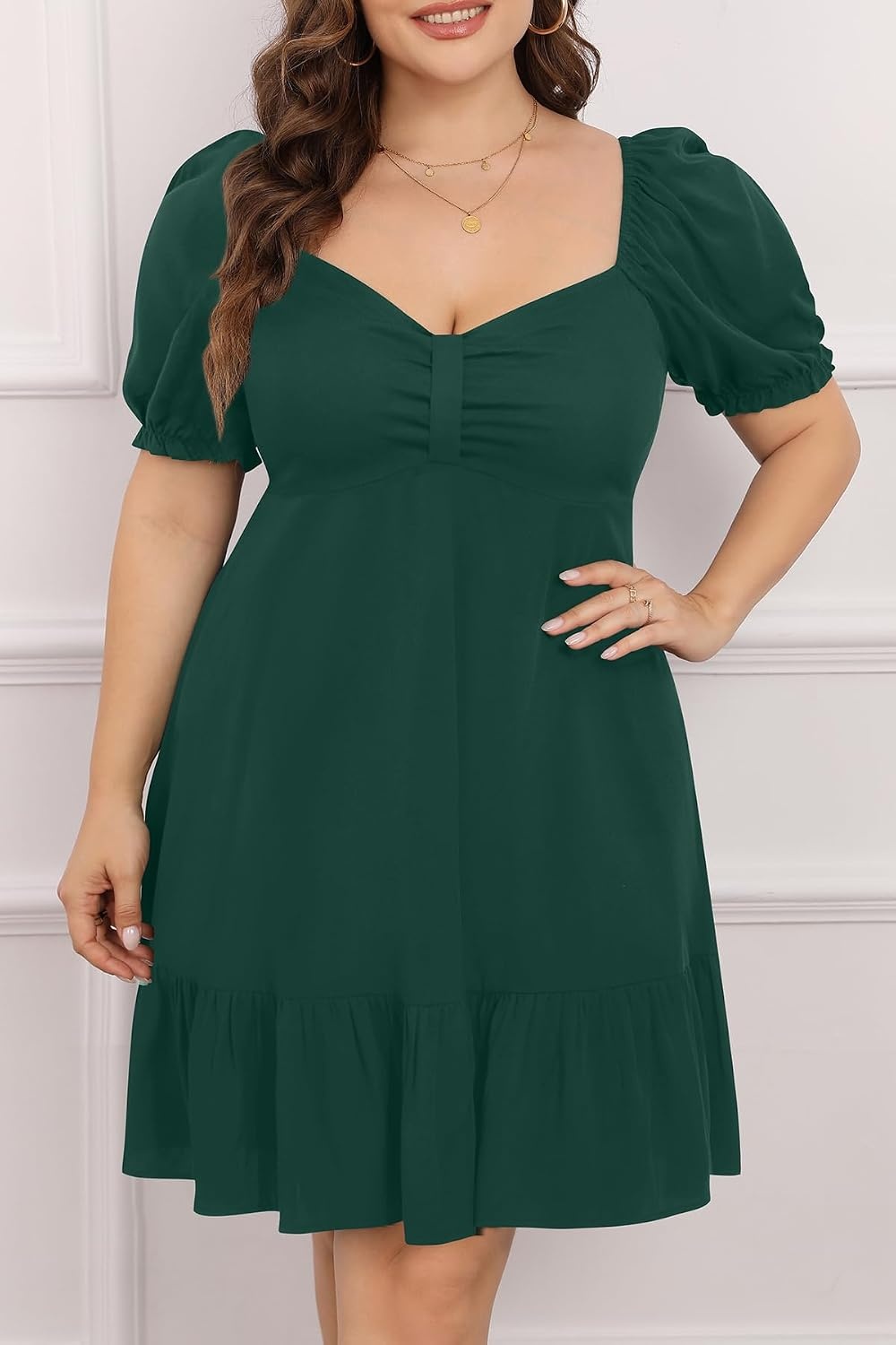 Talisea Plus Size Sweetheart Neck Puff Short Sleeve Babydoll Summer Dress(Emerald Green)
