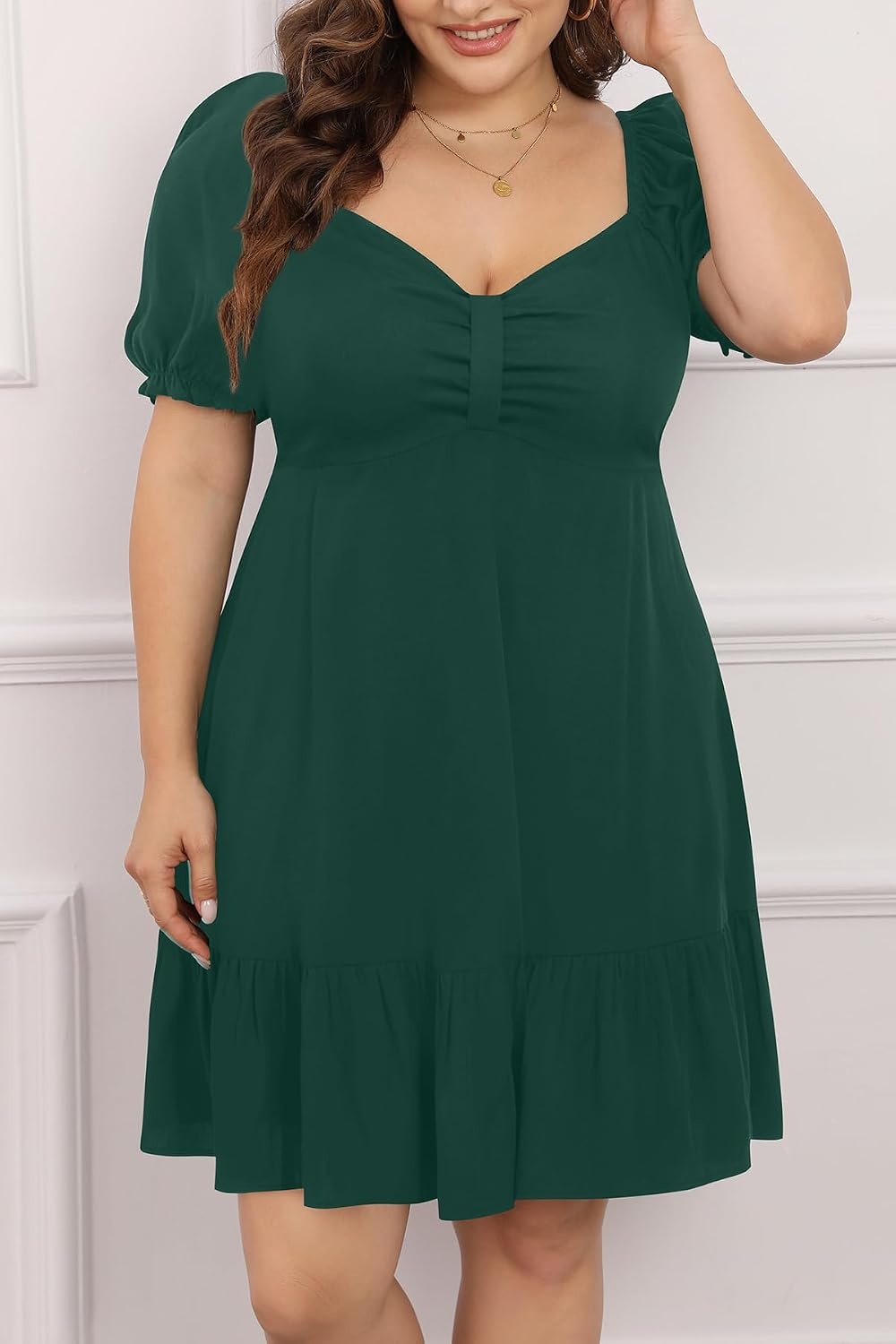 Talisea Plus Size Sweetheart Neck Puff Short Sleeve Babydoll Summer Dress(Emerald Green)