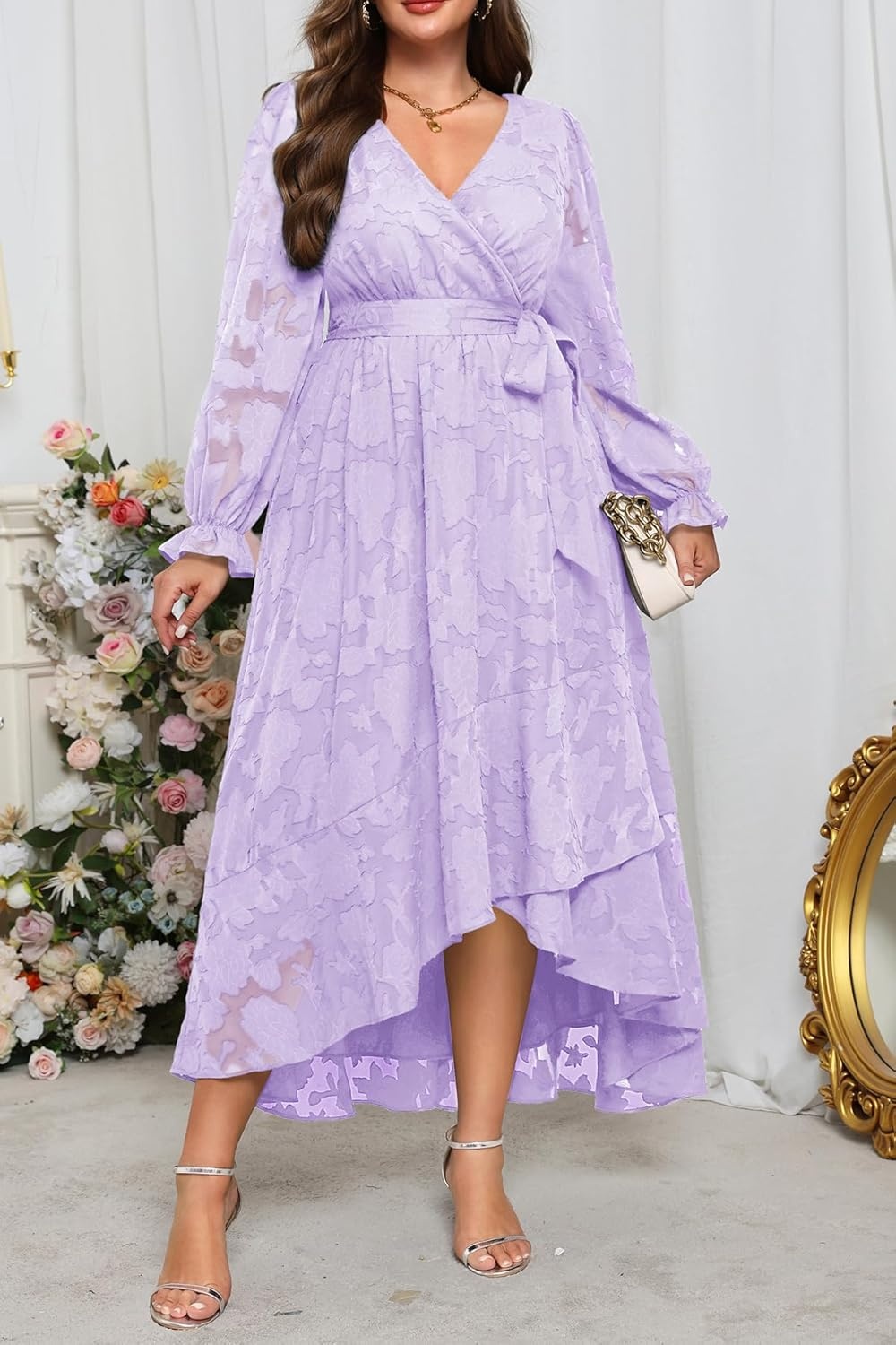Plus Size Dresses Wedding Guest – Fall Semi Formal Floral Long Sleeve Wrap V Neck High Low Maxi Dress with Belt Women(Light Lavender)