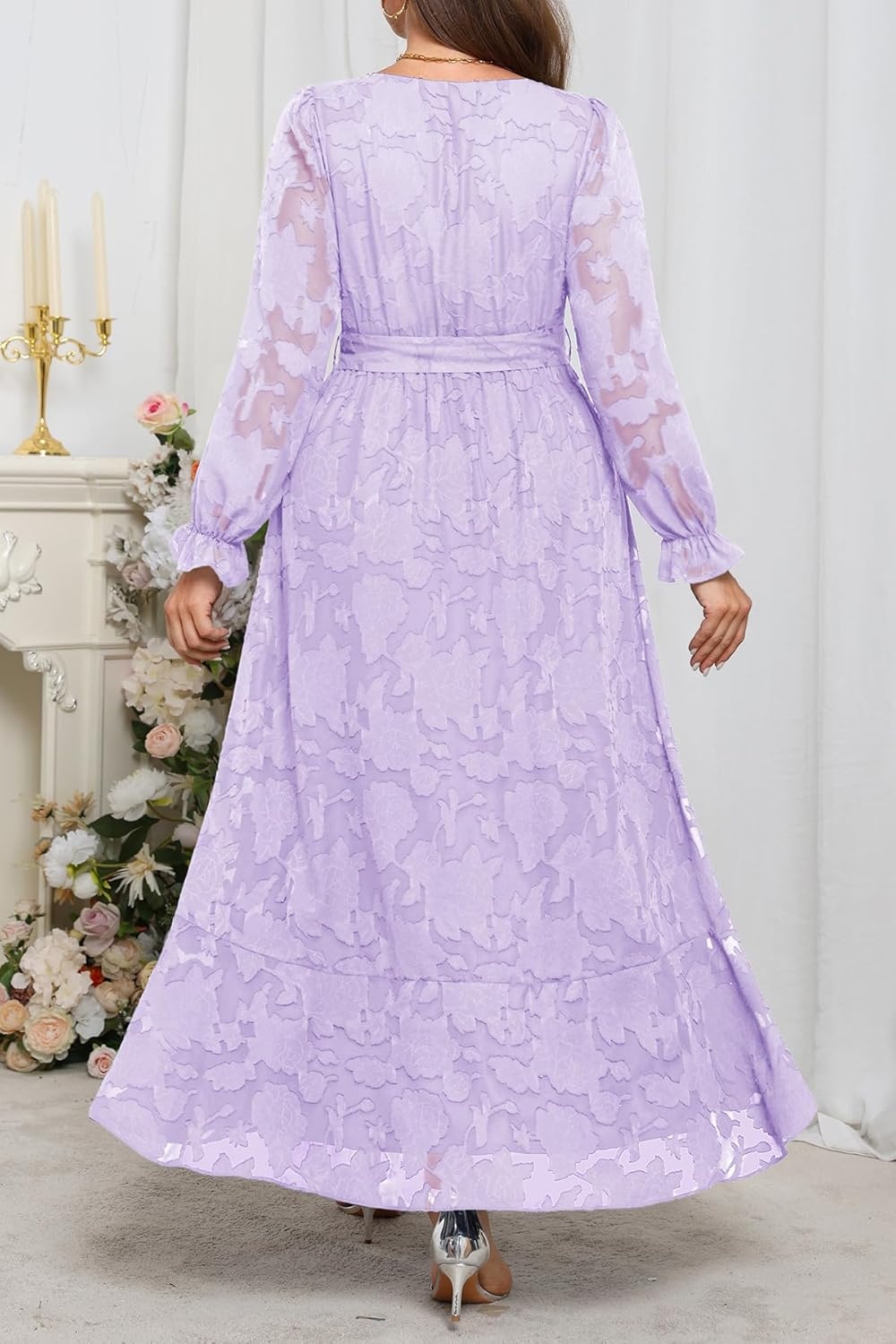 Plus Size Dresses Wedding Guest – Fall Semi Formal Floral Long Sleeve Wrap V Neck High Low Maxi Dress with Belt Women(Light Lavender)