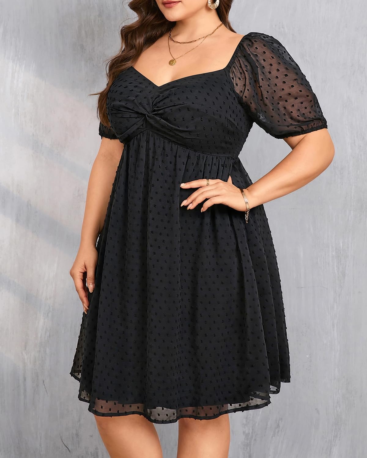 Plus Size Graduation Dress – Summer Swiss Dot Sweetheart Neckline Short Sundress Puff Sleeve Cute Flowy Chiffon Dresses(Black Short Sleeve)