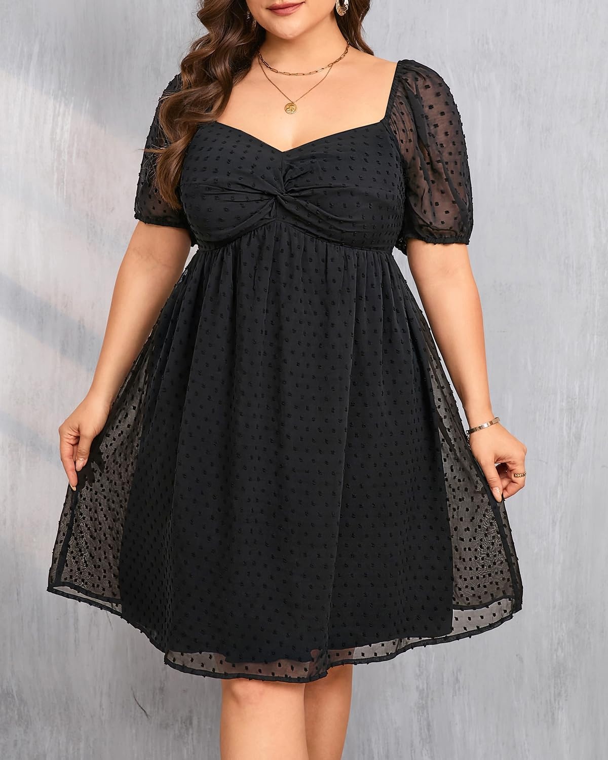 Plus Size Graduation Dress – Summer Swiss Dot Sweetheart Neckline Short Sundress Puff Sleeve Cute Flowy Chiffon Dresses(Black Short Sleeve)