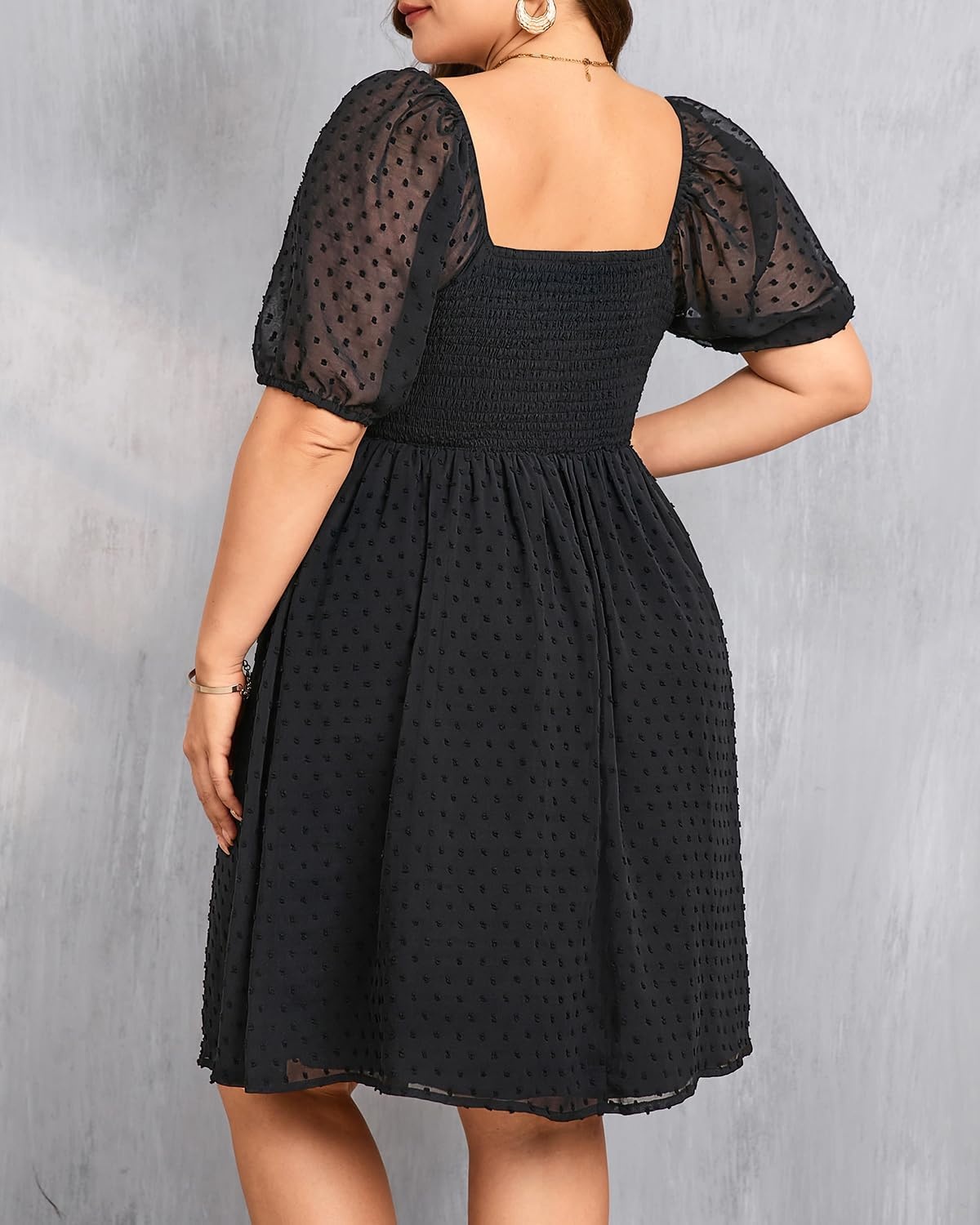 Plus Size Graduation Dress – Summer Swiss Dot Sweetheart Neckline Short Sundress Puff Sleeve Cute Flowy Chiffon Dresses(Black Short Sleeve)