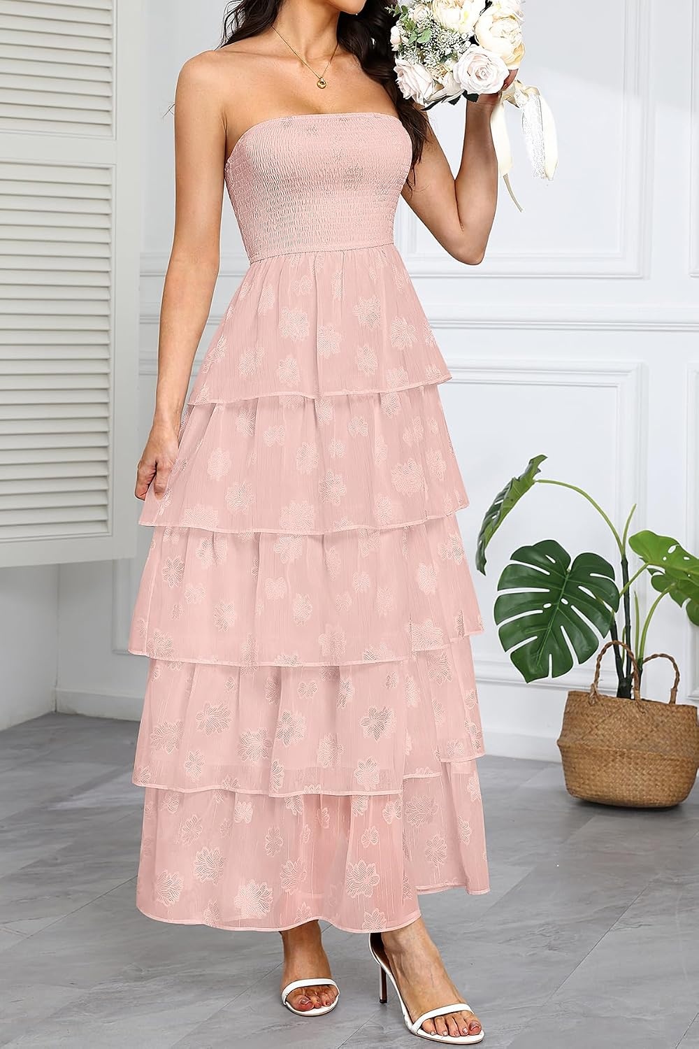 Talisea Wedding Guest Dress Jacquard Strapless Smocked Tiered Maxi Dress | Exquisite Floral Textured Jacquard, Sleeveless Ruffle Chiffon Long Dress for Wedding, Bridal Shower, Graduation, Party, Beach(Pink)