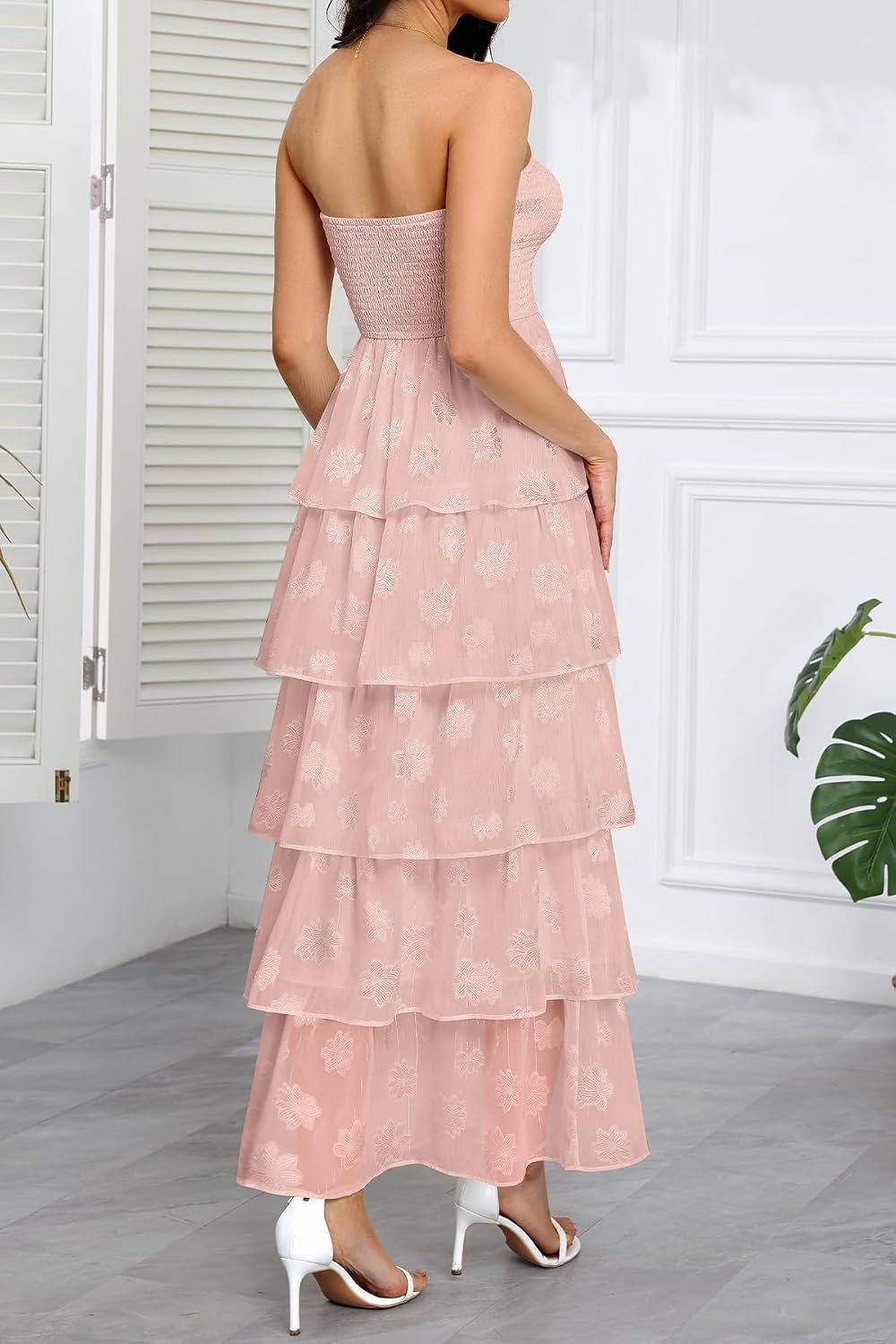 Talisea Wedding Guest Dress Jacquard Strapless Smocked Tiered Maxi Dress | Exquisite Floral Textured Jacquard, Sleeveless Ruffle Chiffon Long Dress for Wedding, Bridal Shower, Graduation, Party, Beach(Pink)