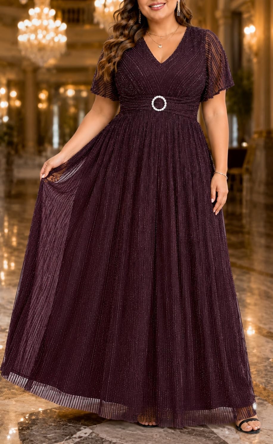 Talisea Plus Size Sequin Short Sleeve Formal Wedding Guest Maxi Dress | Sparkly sequin / short sleeves / floor length / empire waist / A-line silhouette / elegant maxi design(Burgundy Purple)