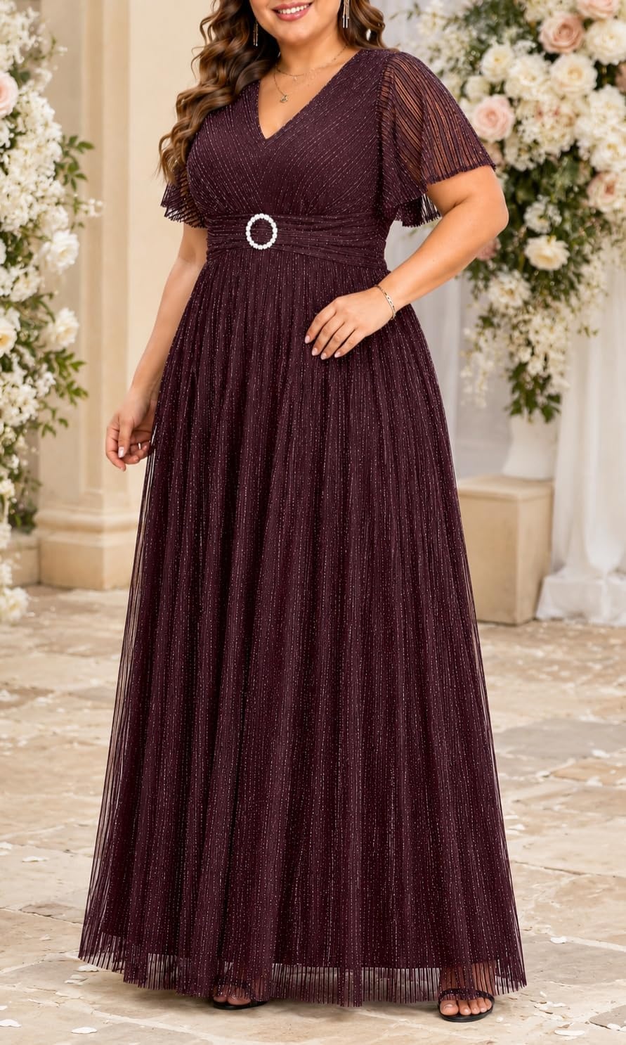 Talisea Plus Size Sequin Short Sleeve Formal Wedding Guest Maxi Dress | Sparkly sequin / short sleeves / floor length / empire waist / A-line silhouette / elegant maxi design(Burgundy Purple)