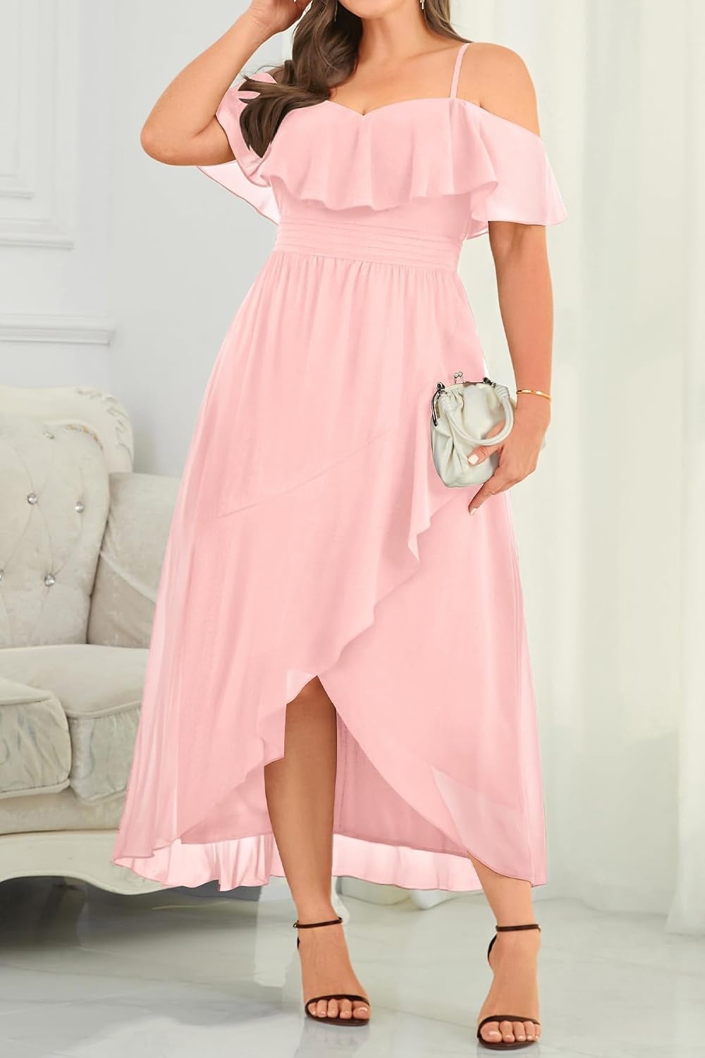 Plus Size Dresses Wedding Guest Formal Off The Shoulder Chiffon Long Dress(Light Pink)