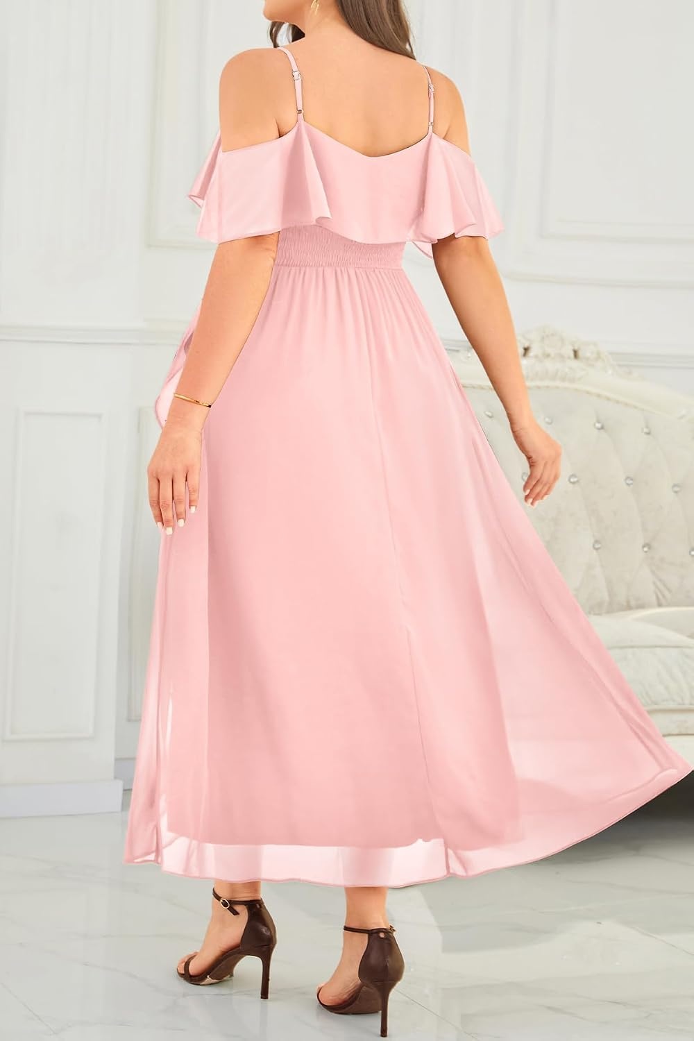 Plus Size Dresses Wedding Guest Formal Off The Shoulder Chiffon Long Dress(Light Pink)