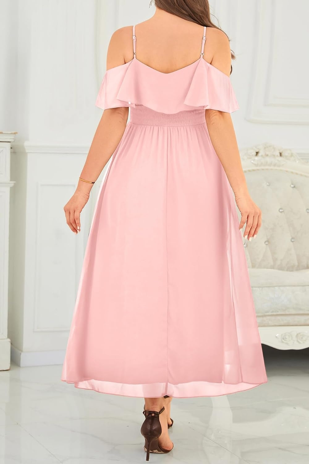 Plus Size Dresses Wedding Guest Formal Off The Shoulder Chiffon Long Dress(Light Pink)
