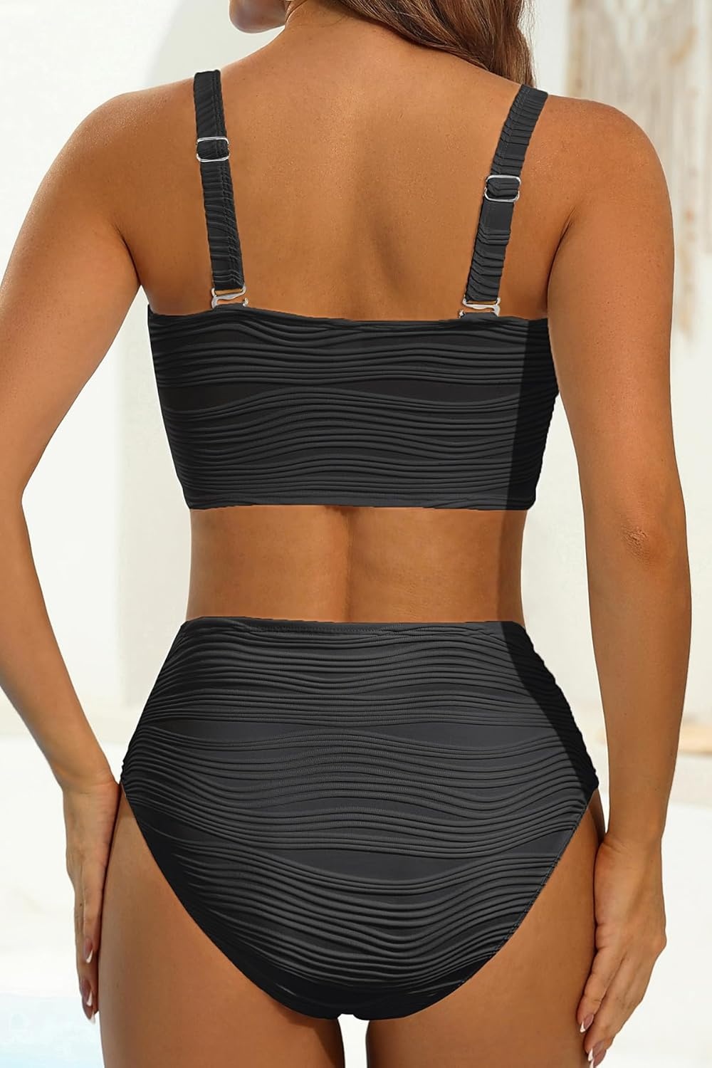 High Waisted Bandeau Bikini Set – Women Strapless Two Piece Swimsuits Ribbed Longline Full Coverage Bathing Suits Swimwear(Shell-black)