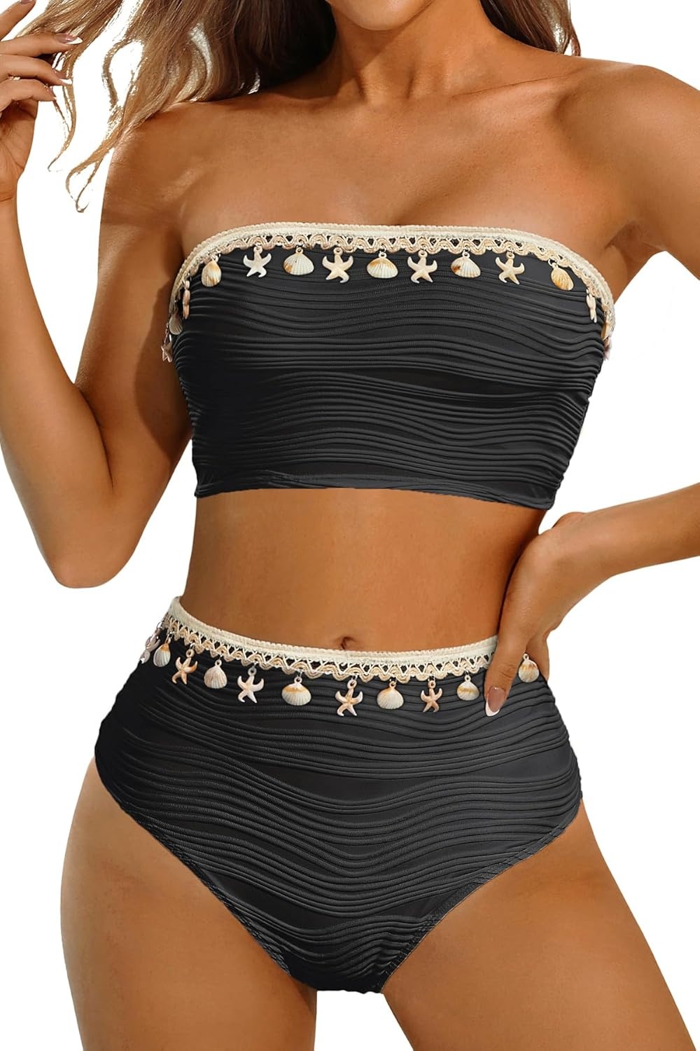 High Waisted Bandeau Bikini Set – Women Strapless Two Piece Swimsuits Ribbed Longline Full Coverage Bathing Suits Swimwear(Shell-black)