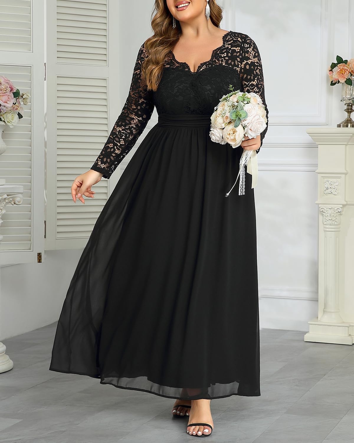 Plus Size Formal Dress V-Neck Lace Chiffon Maxi Wedding Guest Gown | Flattering Double V-Neck, Lace Sleeves, Empire Front & Smocked Back Waist, Chiffon Maxi Dress for Bridesmaids & Formal Events(Black)