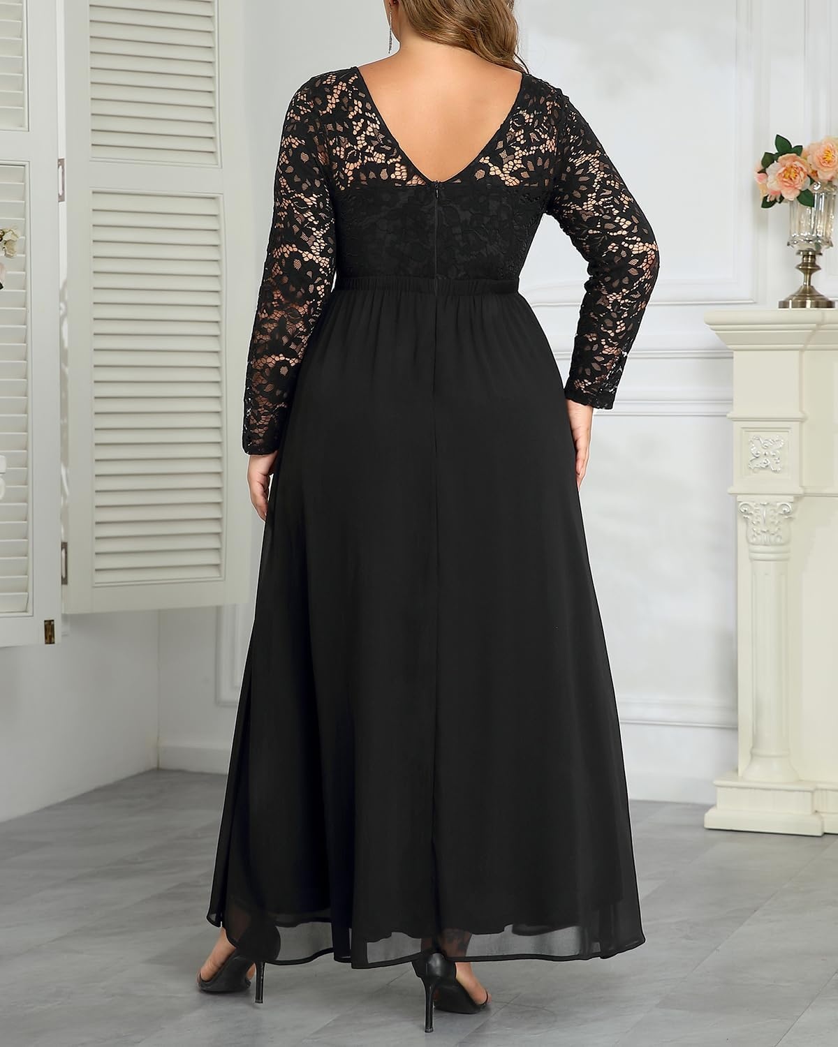 Plus Size Formal Dress V-Neck Lace Chiffon Maxi Wedding Guest Gown | Flattering Double V-Neck, Lace Sleeves, Empire Front & Smocked Back Waist, Chiffon Maxi Dress for Bridesmaids & Formal Events(Black)