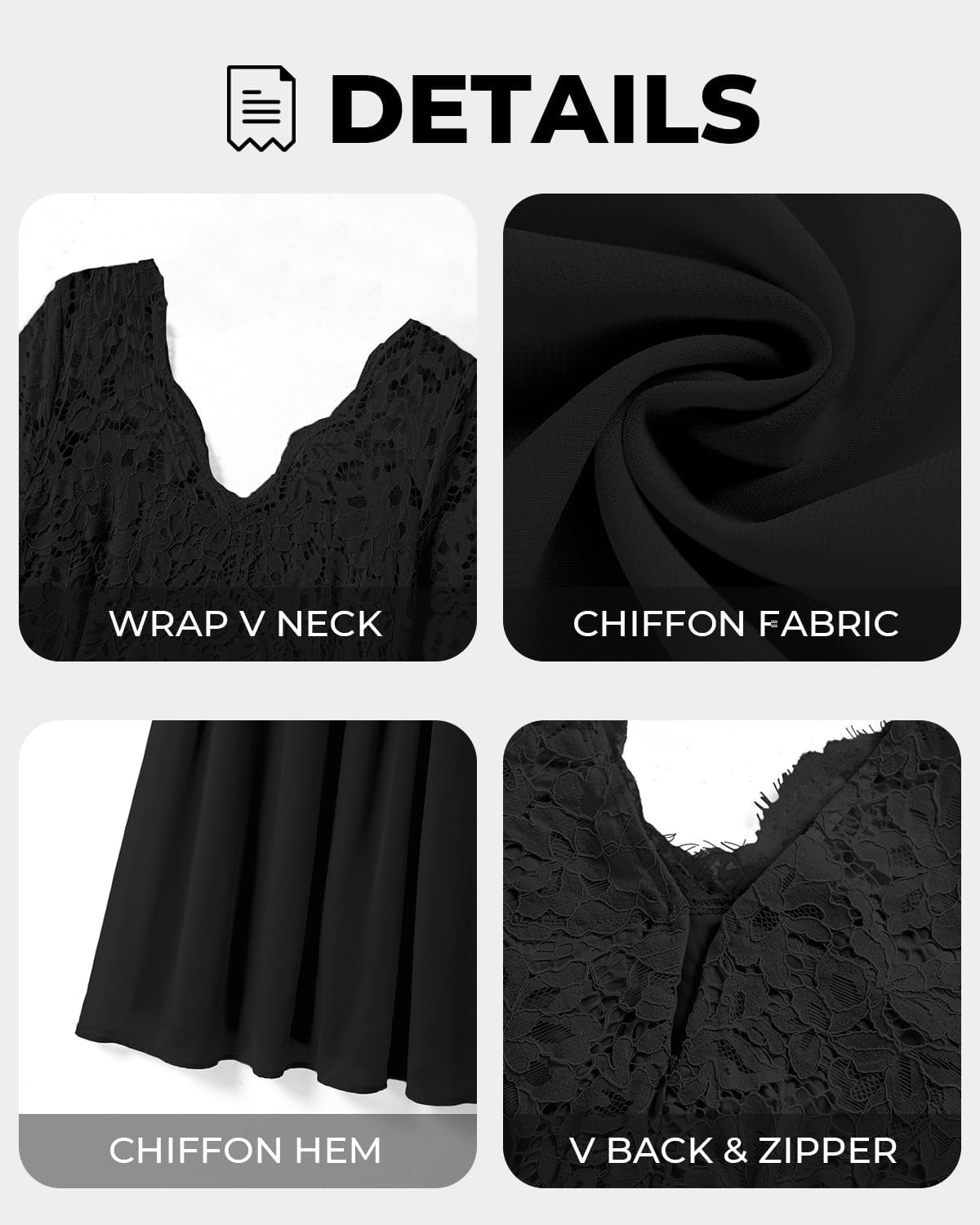 Plus Size Formal Dress V-Neck Lace Chiffon Maxi Wedding Guest Gown | Flattering Double V-Neck, Lace Sleeves, Empire Front & Smocked Back Waist, Chiffon Maxi Dress for Bridesmaids & Formal Events(Black)