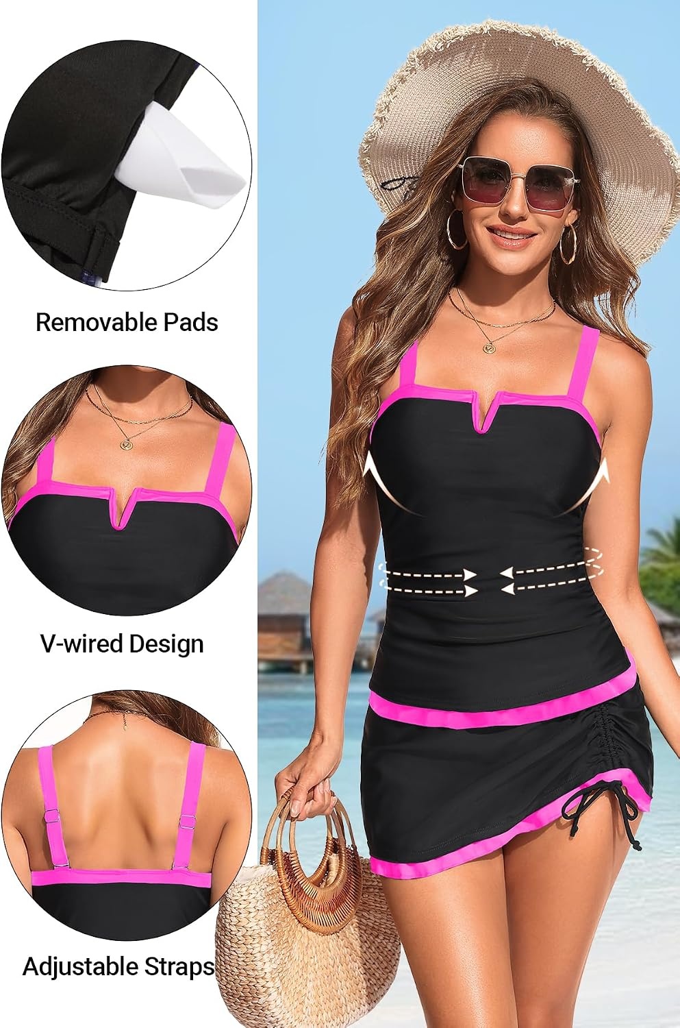 Talisea Womens Tankini Swimsuits with Skirt – Two Piece Bathing Suits V-Wire Tummy Control Drawstring Swimwear(Black and Pink)