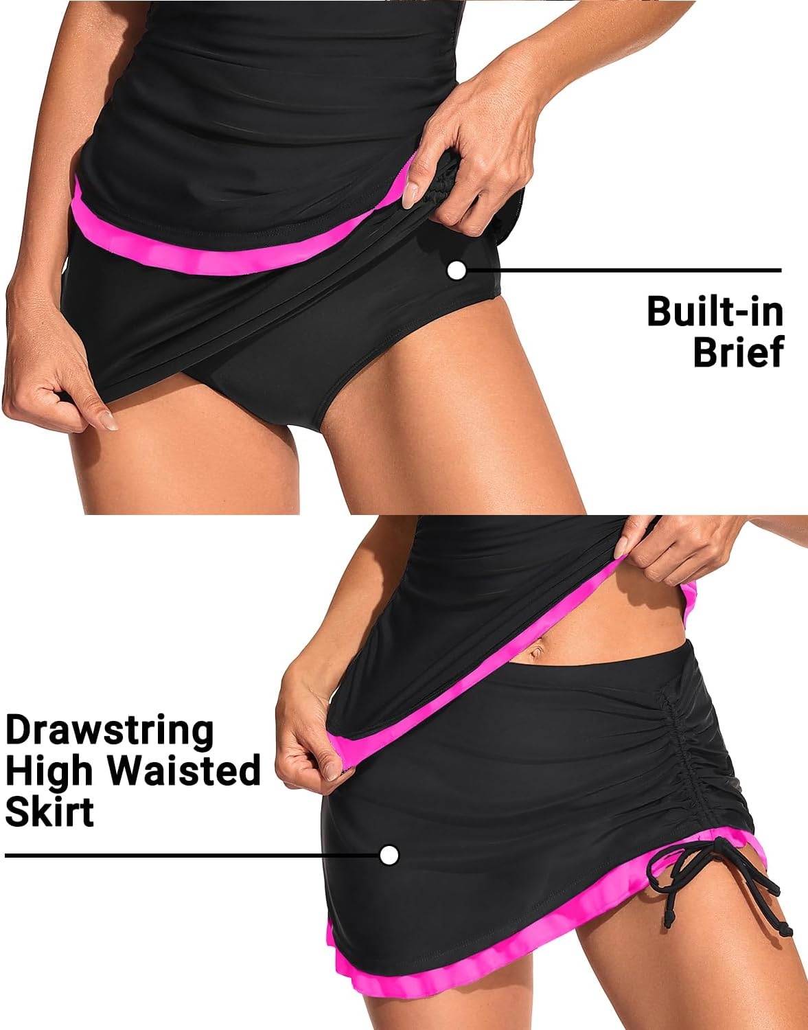 Talisea Womens Tankini Swimsuits with Skirt – Two Piece Bathing Suits V-Wire Tummy Control Drawstring Swimwear(Black and Pink)