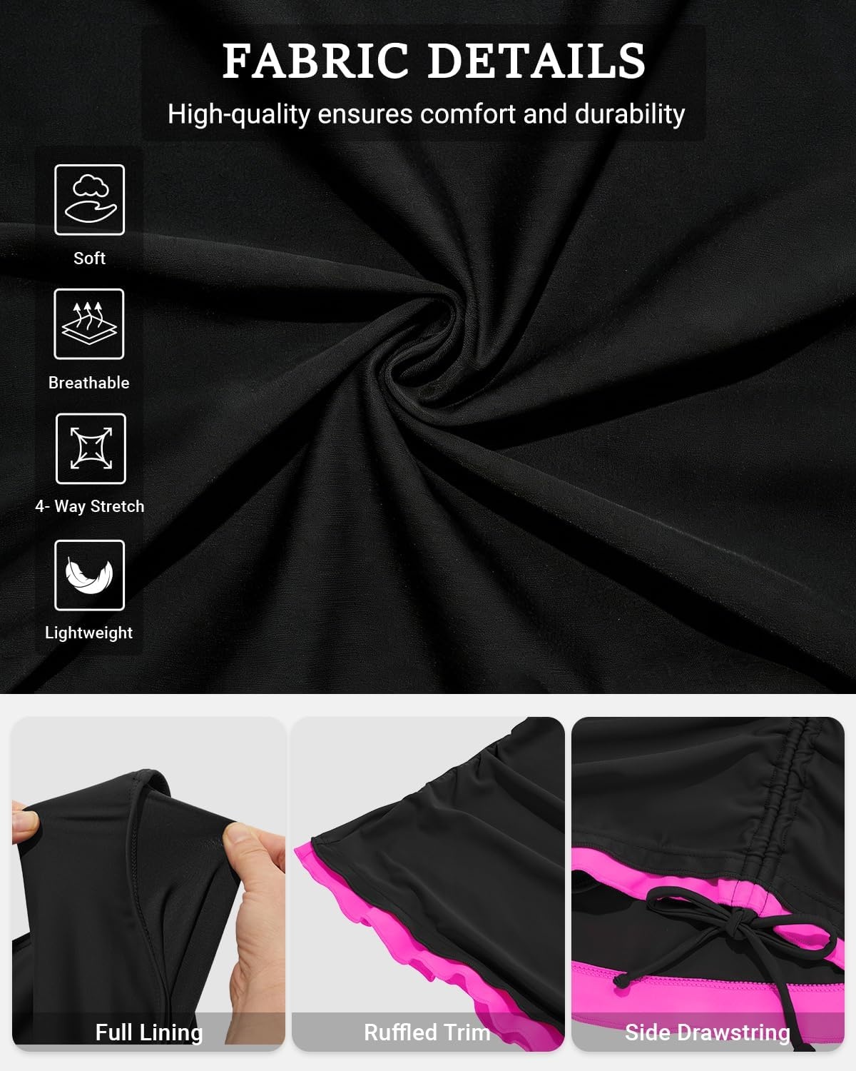 Talisea Womens Tankini Swimsuits with Skirt – Two Piece Bathing Suits V-Wire Tummy Control Drawstring Swimwear(Black and Pink)