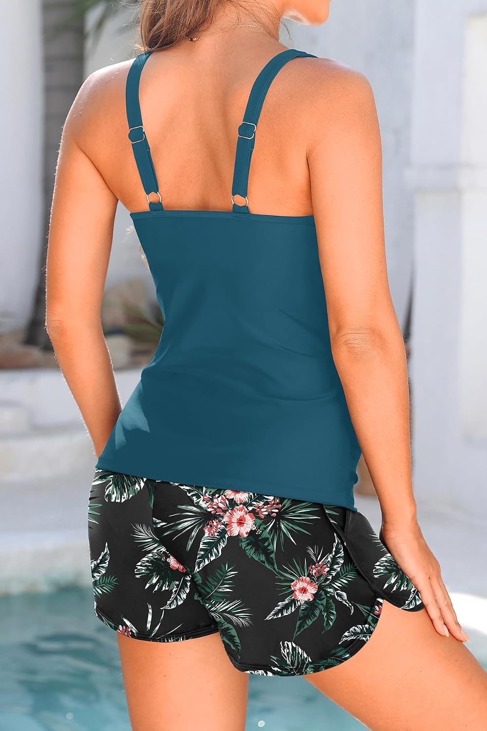 Tankini Bathing Suits with Shorts – High Neck Tankini Swimsuits Two Piece with Two Side Pockets Tummy Control Swimwear 2025(Green and Flower)