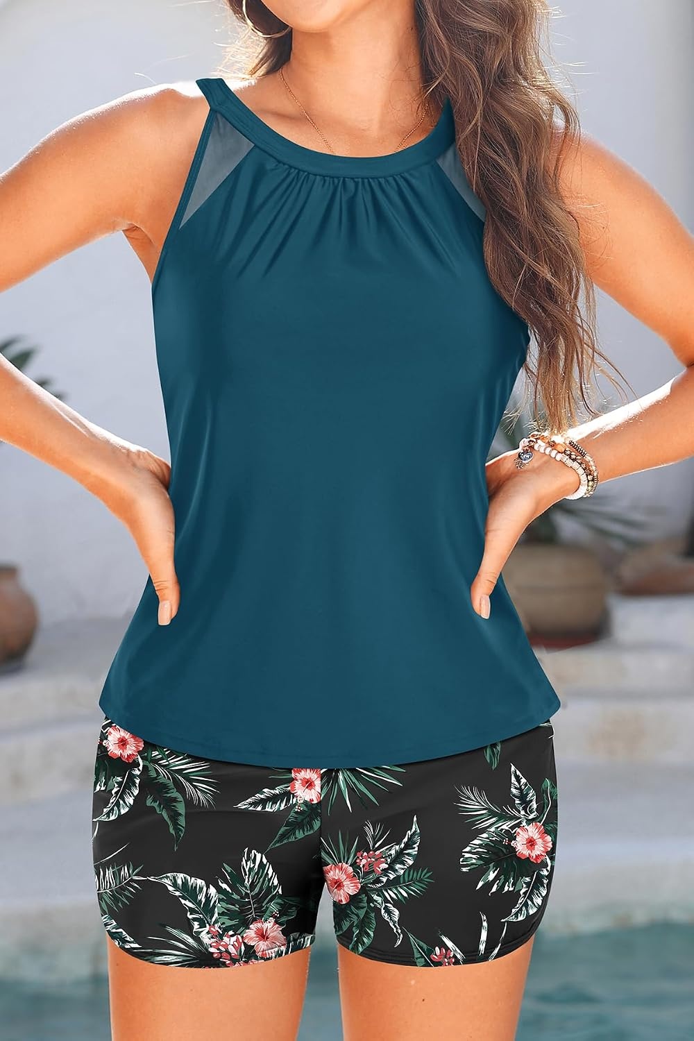 Tankini Bathing Suits with Shorts – High Neck Tankini Swimsuits Two Piece with Two Side Pockets Tummy Control Swimwear 2025(Green and Flower)