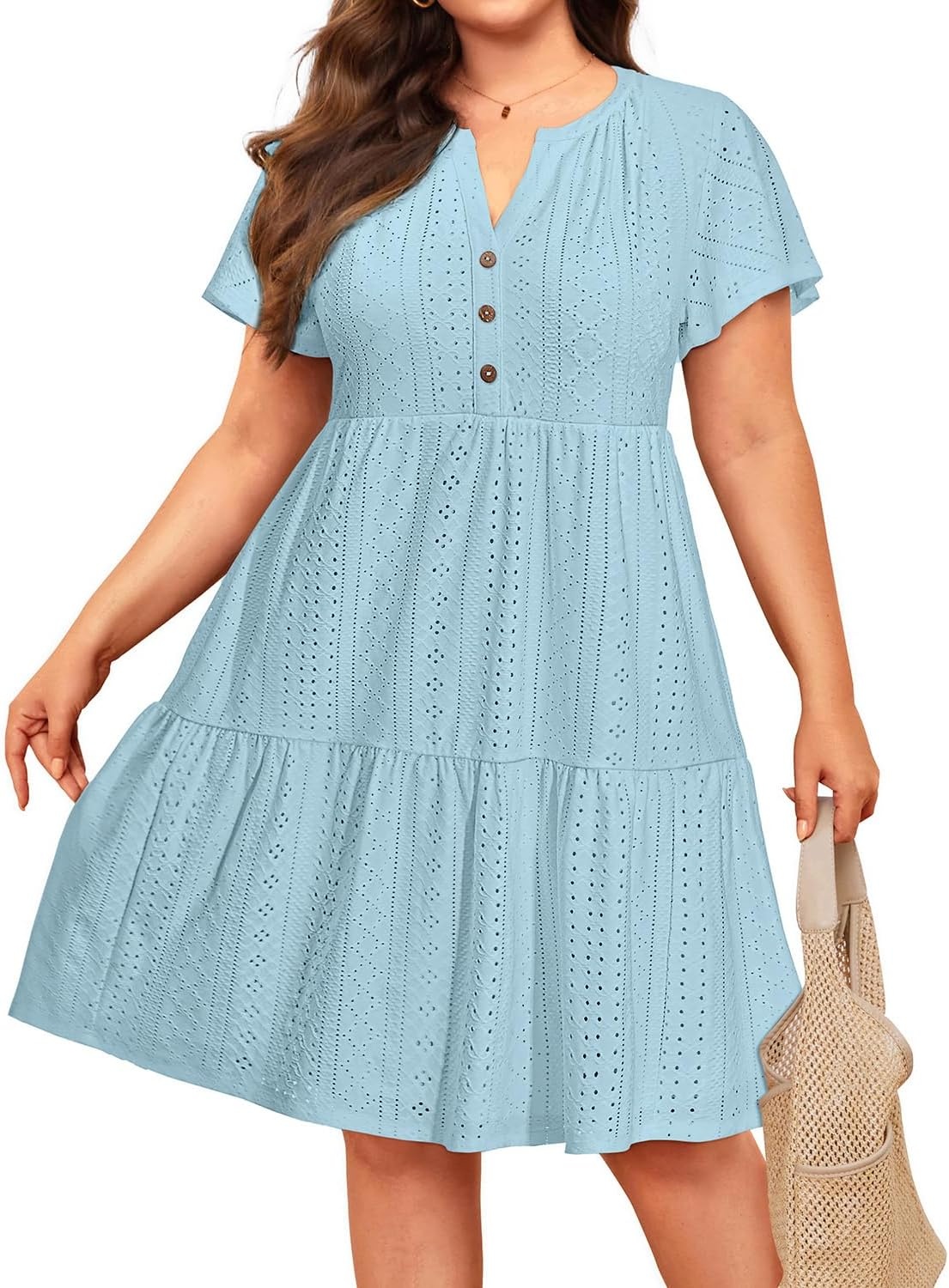 Plus Size Summer Dress Casual Short Sleeve Button Midi Sun Dresses Women(Light Blue Eyelet)