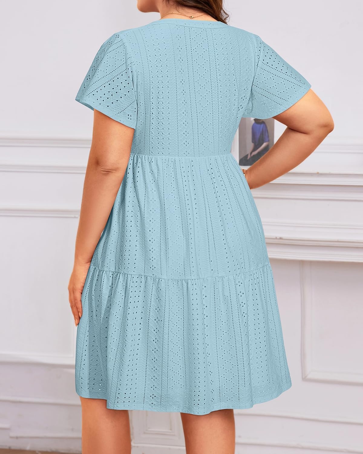 Plus Size Summer Dress Casual Short Sleeve Button Midi Sun Dresses Women(Light Blue Eyelet)