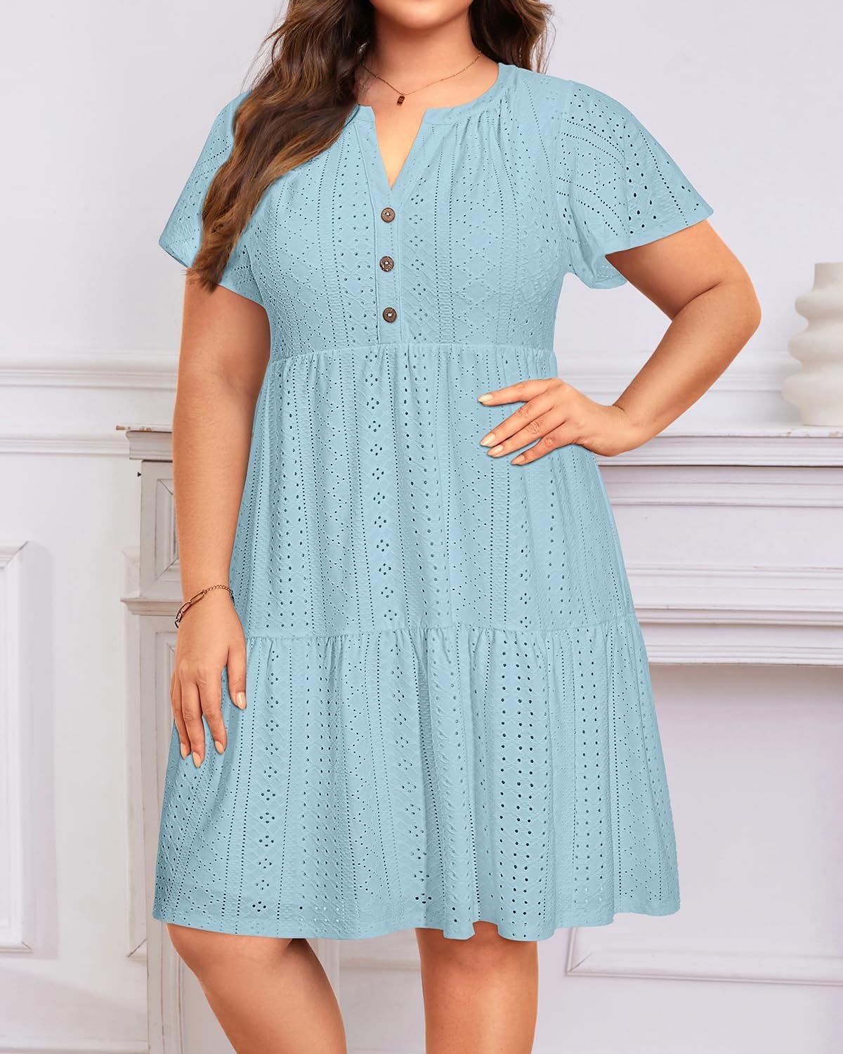 Plus Size Summer Dress Casual Short Sleeve Button Midi Sun Dresses Women(Light Blue Eyelet)