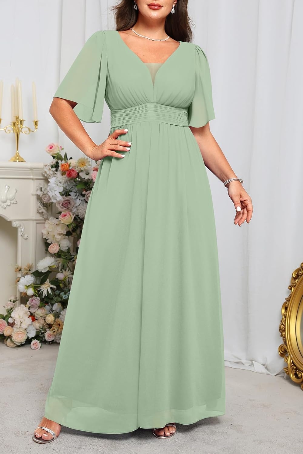 Talisea Plus Size Formal Dresses – V Neck Flutter Sleeves Evening Gowns Bridesmaid Wedding Guest Chiffon Long Maxi Dress(Green)