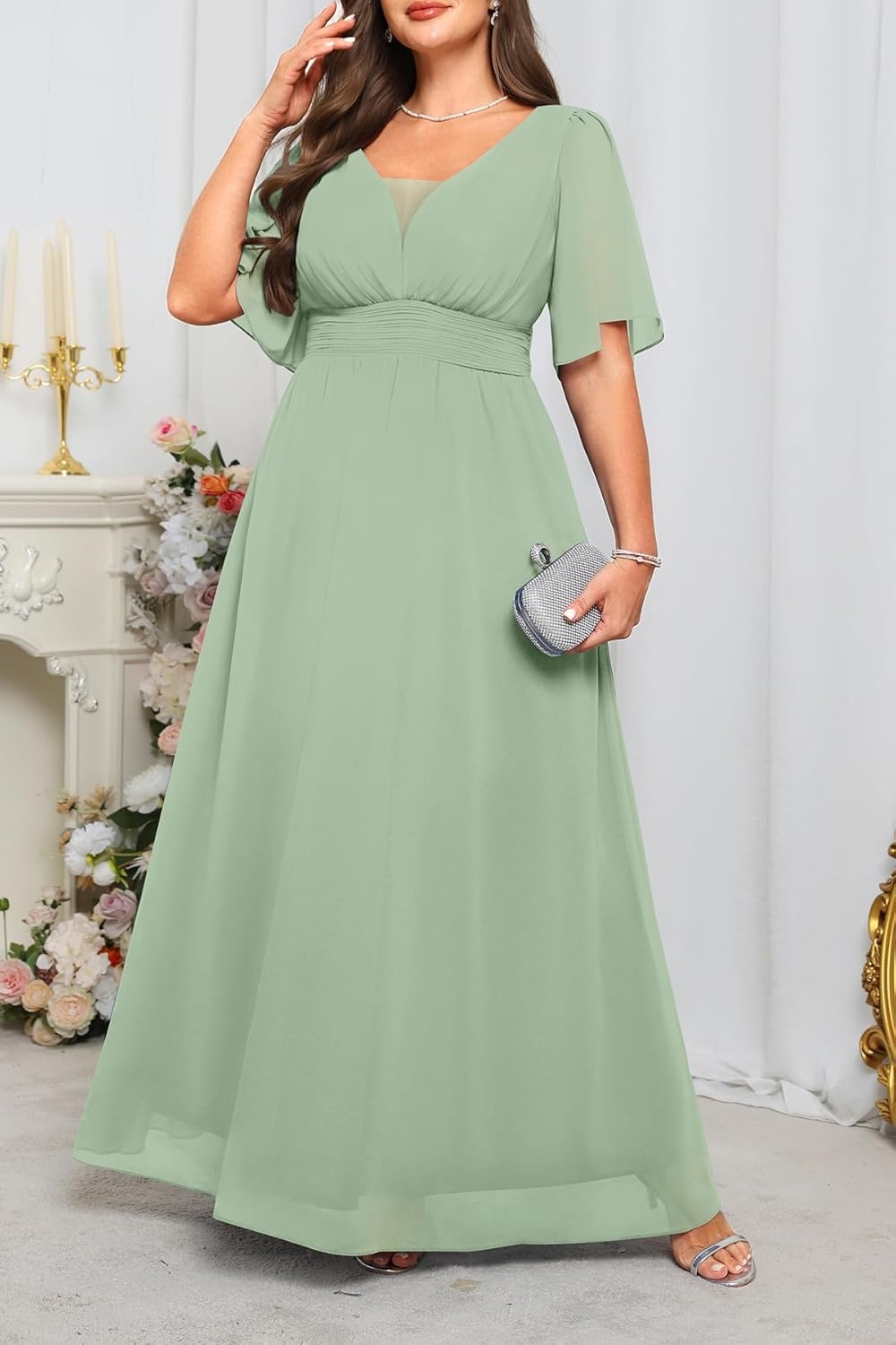Talisea Plus Size Formal Dresses – V Neck Flutter Sleeves Evening Gowns Bridesmaid Wedding Guest Chiffon Long Maxi Dress(Green)