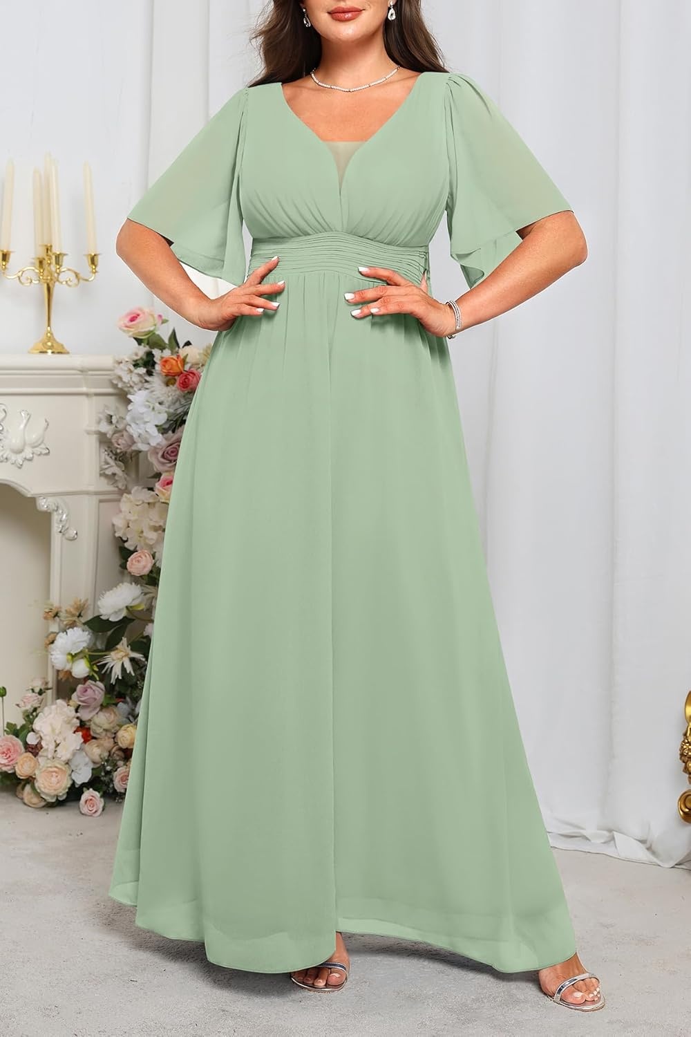 Talisea Plus Size Formal Dresses – V Neck Flutter Sleeves Evening Gowns Bridesmaid Wedding Guest Chiffon Long Maxi Dress(Green)
