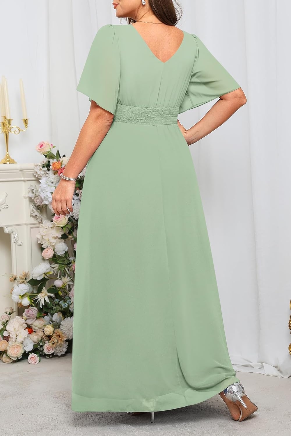Talisea Plus Size Formal Dresses – V Neck Flutter Sleeves Evening Gowns Bridesmaid Wedding Guest Chiffon Long Maxi Dress(Green)
