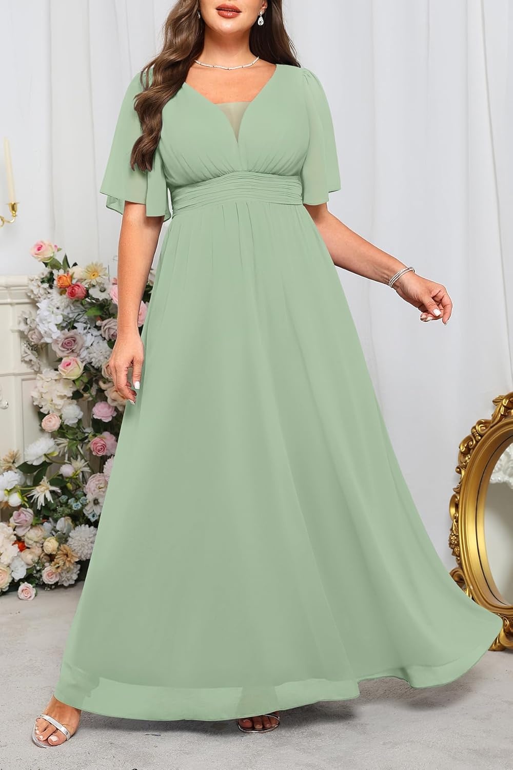 Talisea Plus Size Formal Dresses – V Neck Flutter Sleeves Evening Gowns Bridesmaid Wedding Guest Chiffon Long Maxi Dress(Green)