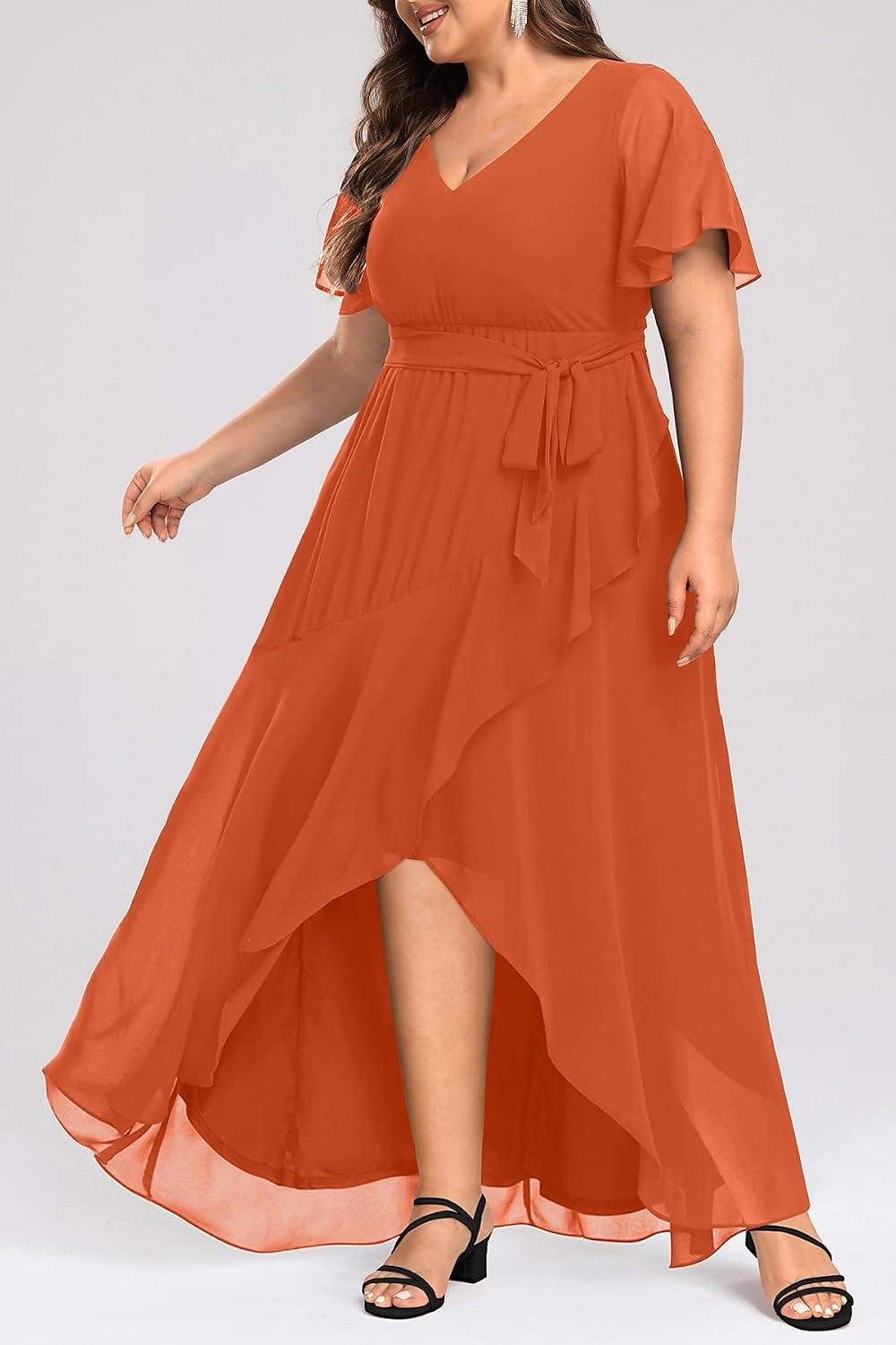 Talisea Plus Size Wedding Guest Dress – High Low Chiffon Ruffle Formal Gown(Burnt Orange)