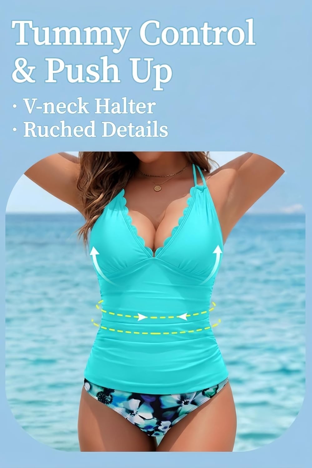 Women’s Two Piece Tankini Swimsuits – Tummy Control Bathing Suits Swimwear(Aqua Floral)