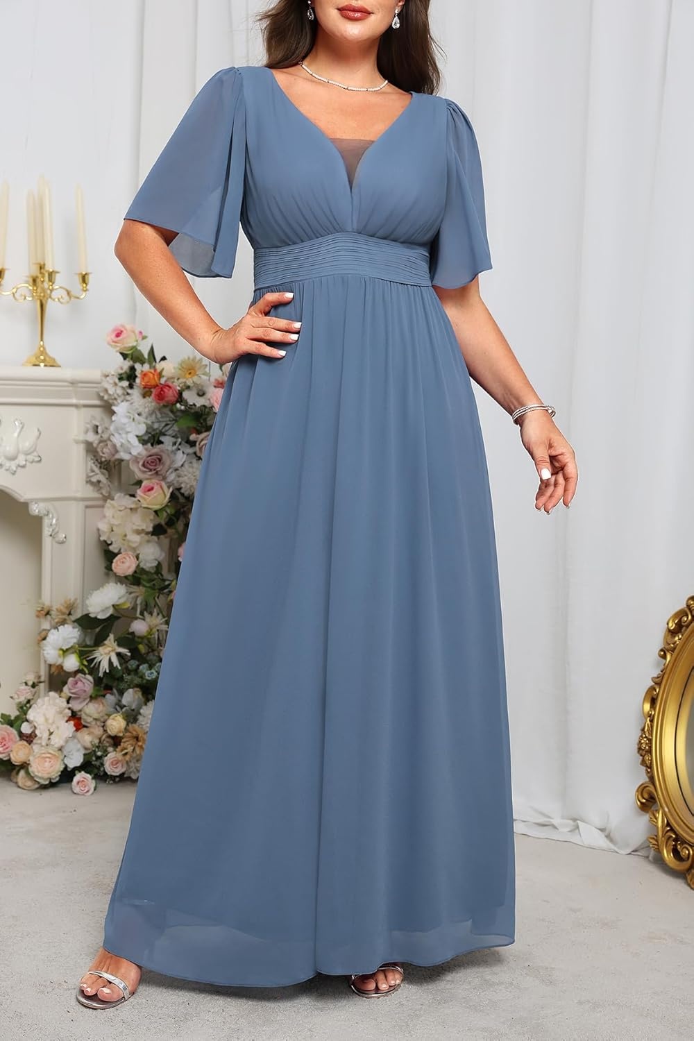 Talisea Plus Size Formal Dresses – V Neck Flutter Sleeves Evening Gowns Bridesmaid Wedding Guest Chiffon Long Maxi Dress(Blue)