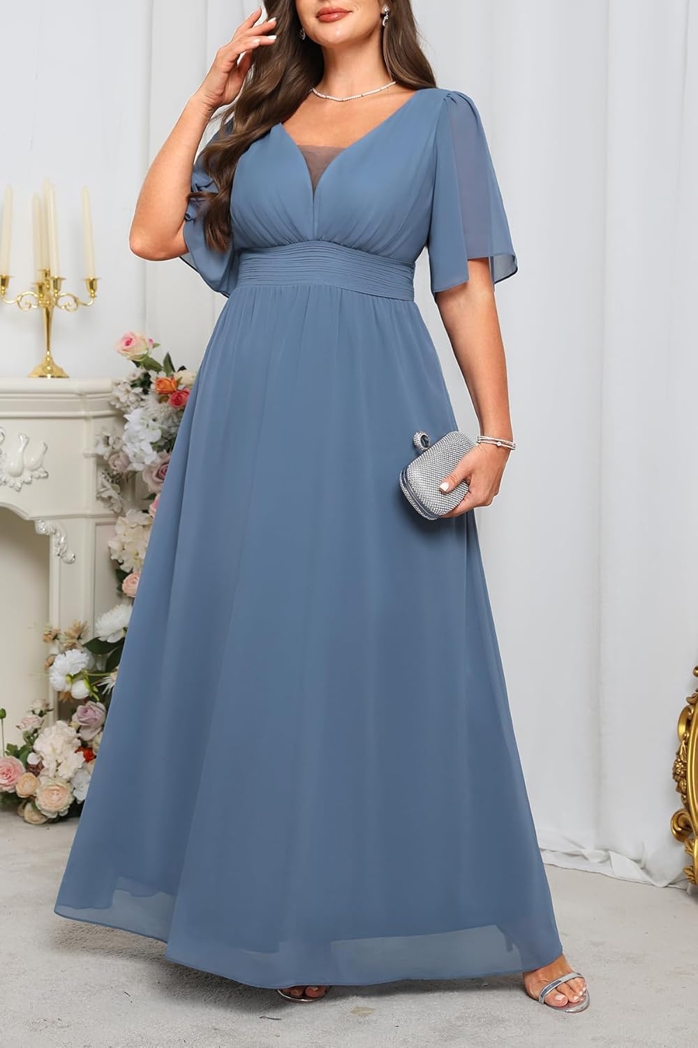 Talisea Plus Size Formal Dresses – V Neck Flutter Sleeves Evening Gowns Bridesmaid Wedding Guest Chiffon Long Maxi Dress(Blue)