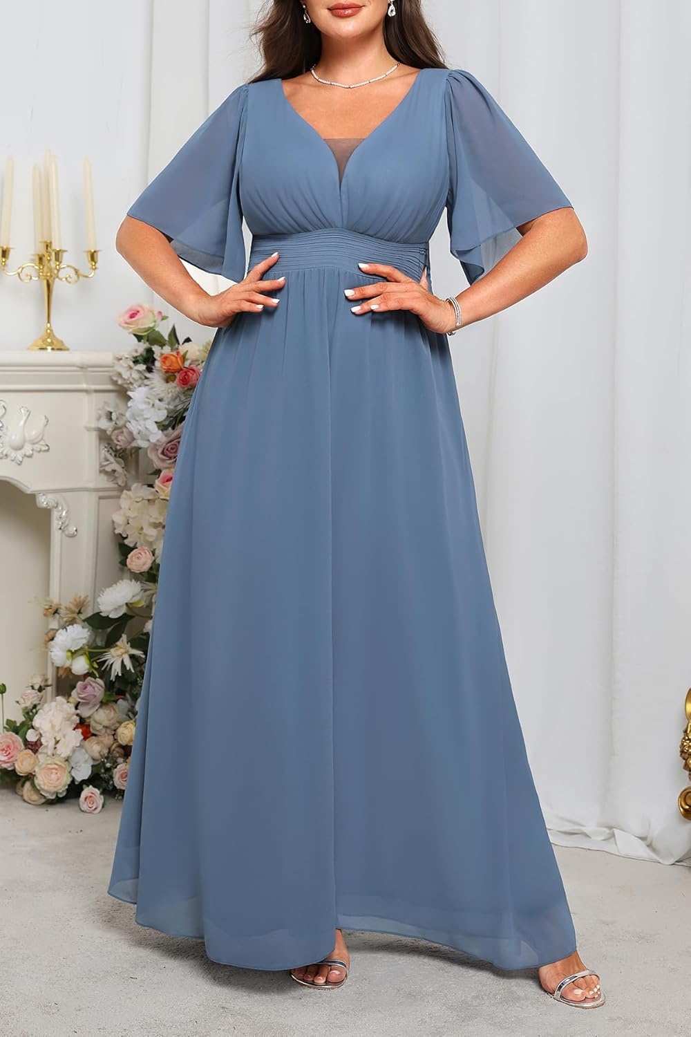 Talisea Plus Size Formal Dresses – V Neck Flutter Sleeves Evening Gowns Bridesmaid Wedding Guest Chiffon Long Maxi Dress(Blue)