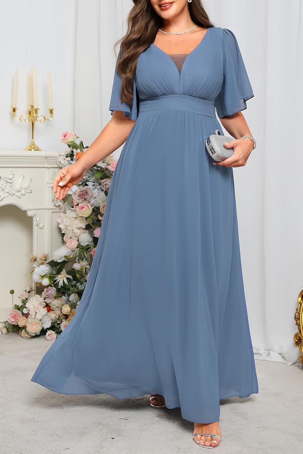 Talisea Plus Size Formal Dresses – V Neck Flutter Sleeves Evening Gowns Bridesmaid Wedding Guest Chiffon Long Maxi Dress(Blue)