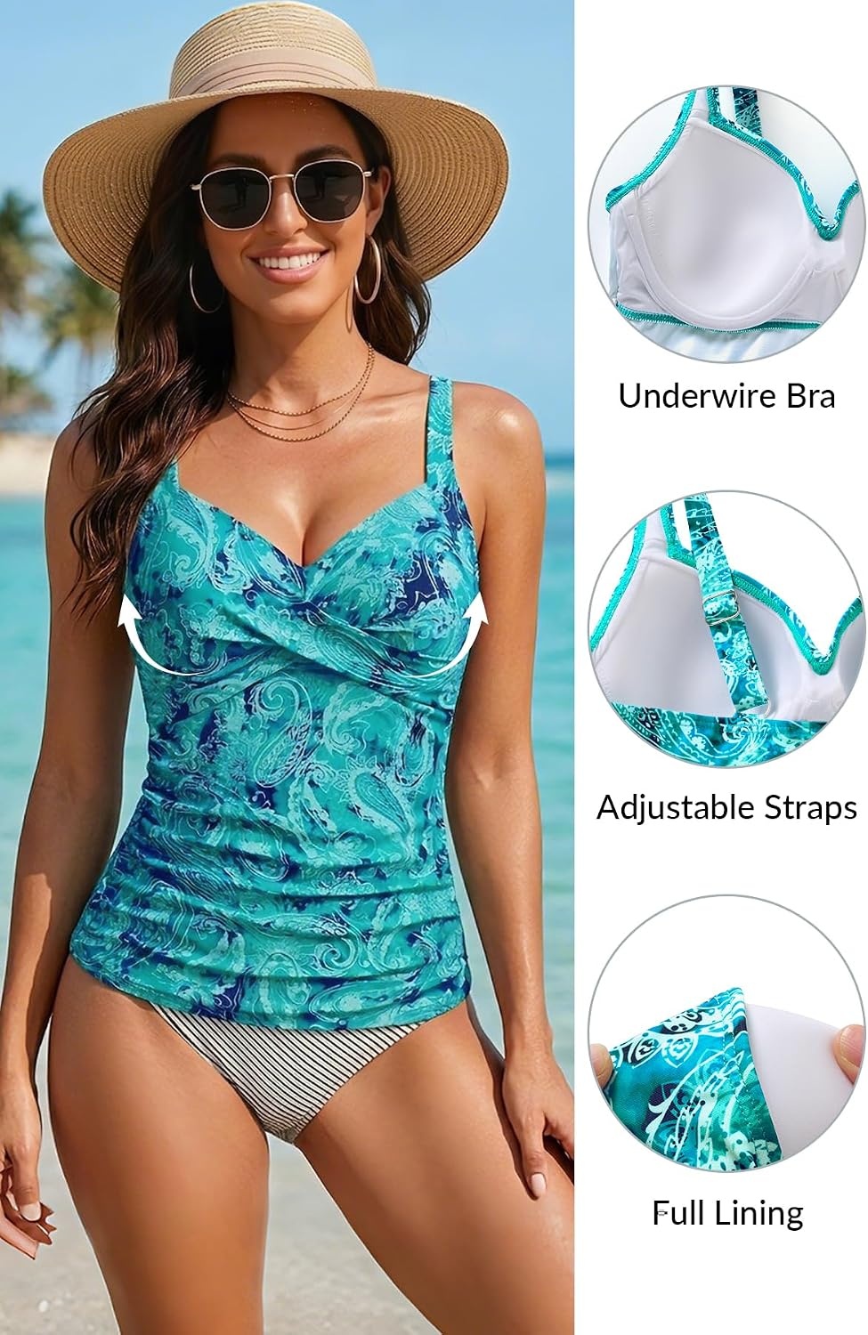 Women’s Underwire Tankini Top Only – Tummy Control Bathing Suit Top No Bottom 2025(Green Paisley)