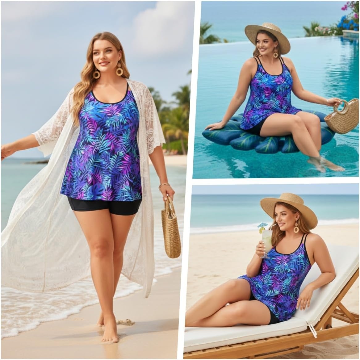 Plus Size Tankini with Shorts – Women Two Piece Swimsuits Bathing Suit Scoop Neck Flowy Swimwear 2025(Blue Purple Leaves)