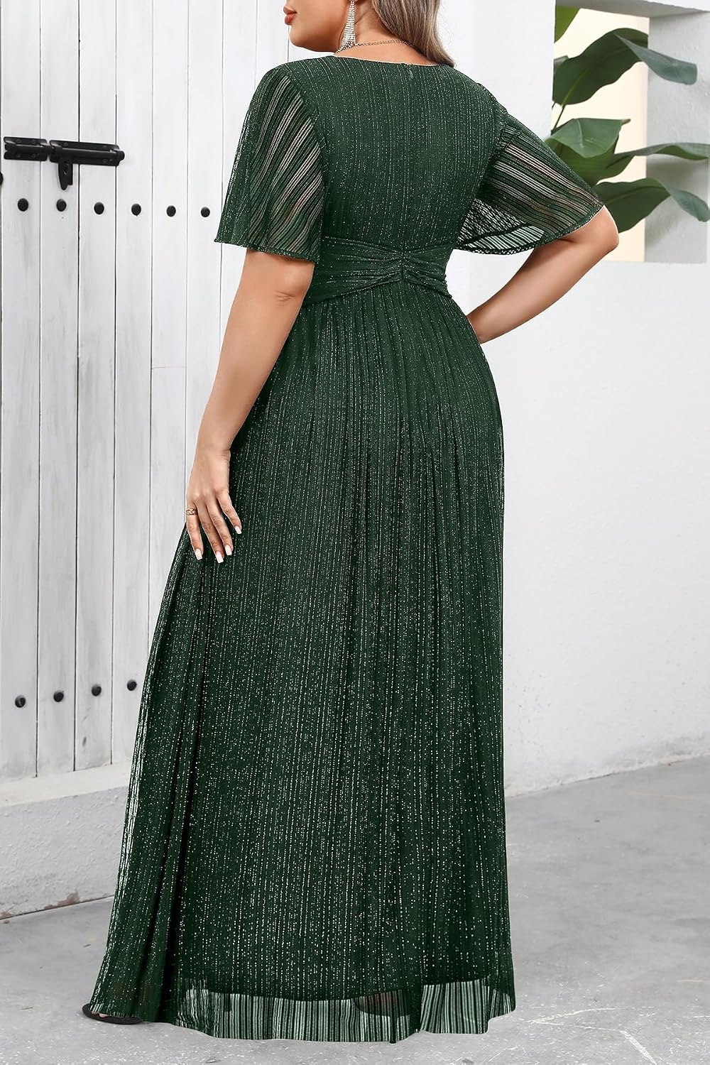 Talisea Plus Size Sequin Short Sleeve Formal Wedding Guest Maxi Dress | Sparkly sequin / short sleeves / floor length / empire waist / A-line silhouette / elegant maxi design(Green)