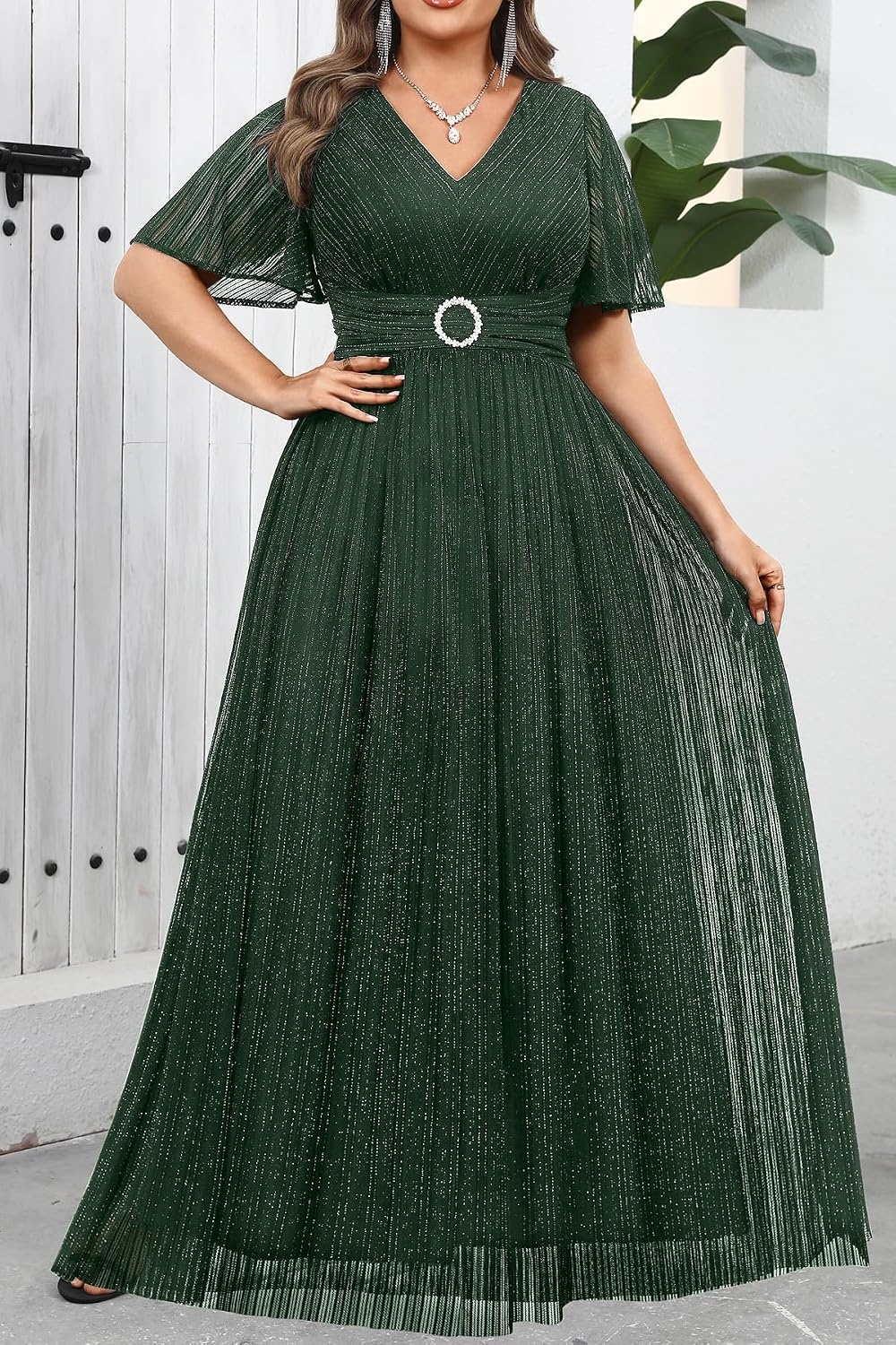 Talisea Plus Size Sequin Short Sleeve Formal Wedding Guest Maxi Dress | Sparkly sequin / short sleeves / floor length / empire waist / A-line silhouette / elegant maxi design(Green)