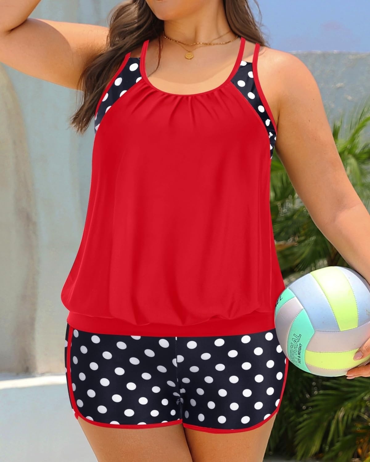Plus Size Tankini Swimsuits Women – Blouson Two Piece Tummy Control Bathing Suit Criss Cross Tankini Top with Shorts(Red and Dot)