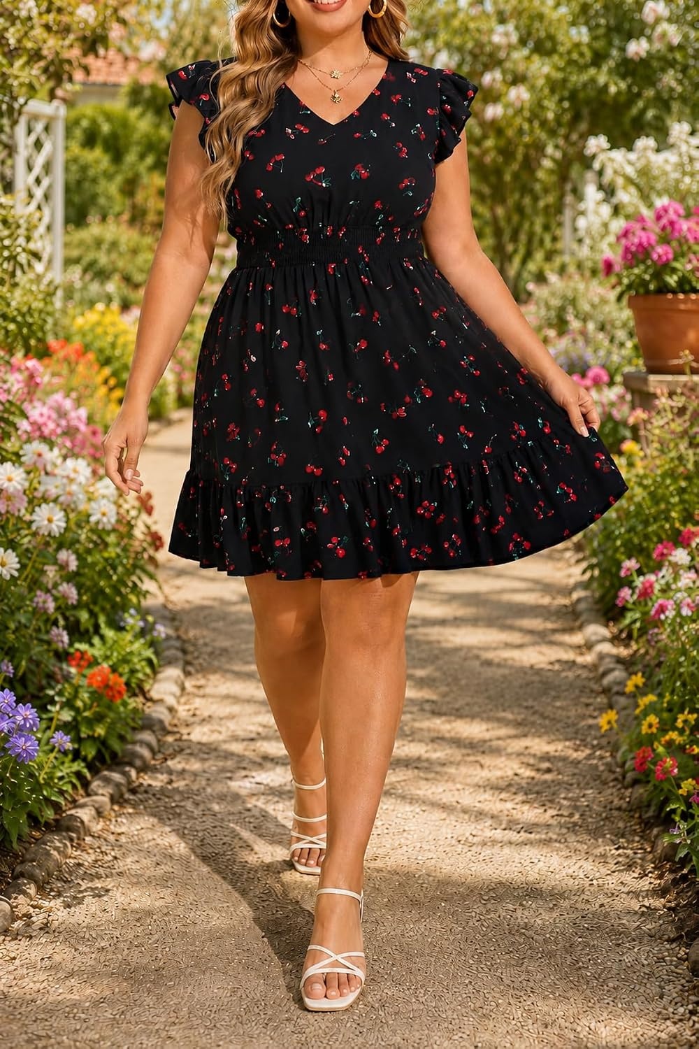 Talisea Womens Plus Size V Neck Ruffle Sleeve Flowy Summer Dress | V neckline / ruffle sleeves / tiered A-line hem / smocked waist / functional pockets / flowy short silhouette(Black Cherry)