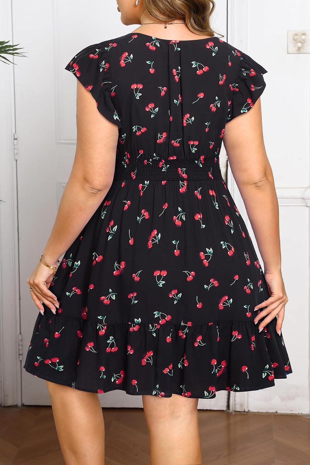 Talisea Womens Plus Size V Neck Ruffle Sleeve Flowy Summer Dress | V neckline / ruffle sleeves / tiered A-line hem / smocked waist / functional pockets / flowy short silhouette(Black Cherry)