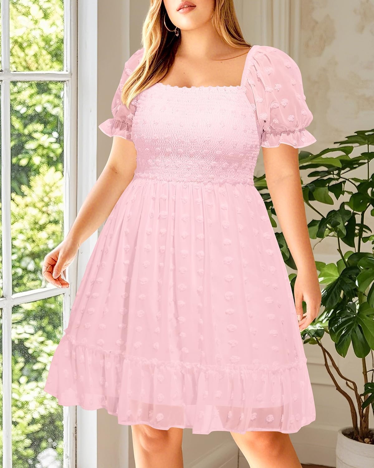 Plus Size Square Neck Puff Sleeve Swiss Dot Graduation Dress(Pink)