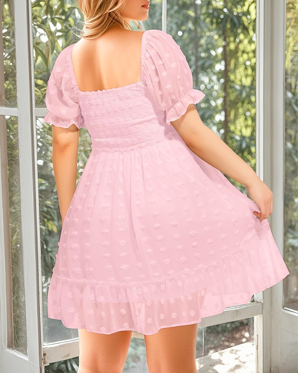 Plus Size Square Neck Puff Sleeve Swiss Dot Graduation Dress(Pink)