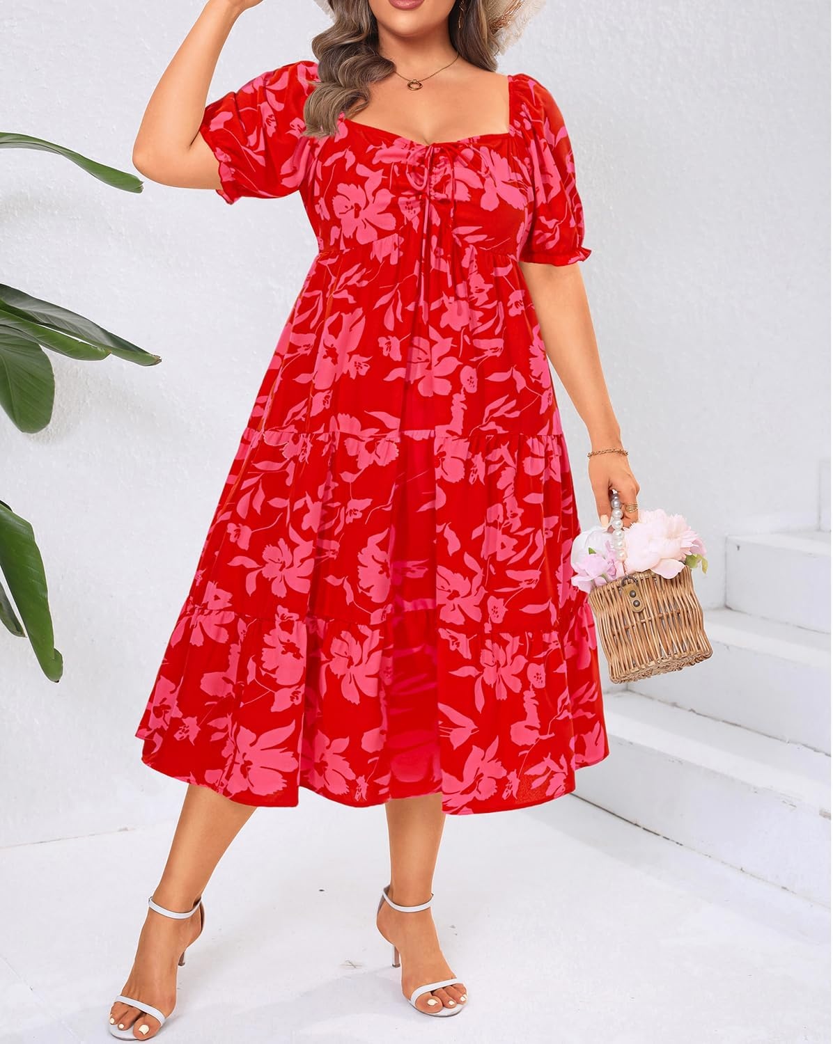 Talisea Plus Size Summer Dress – Casual A-line Flowy Midi Dress for Women(Red Floral)