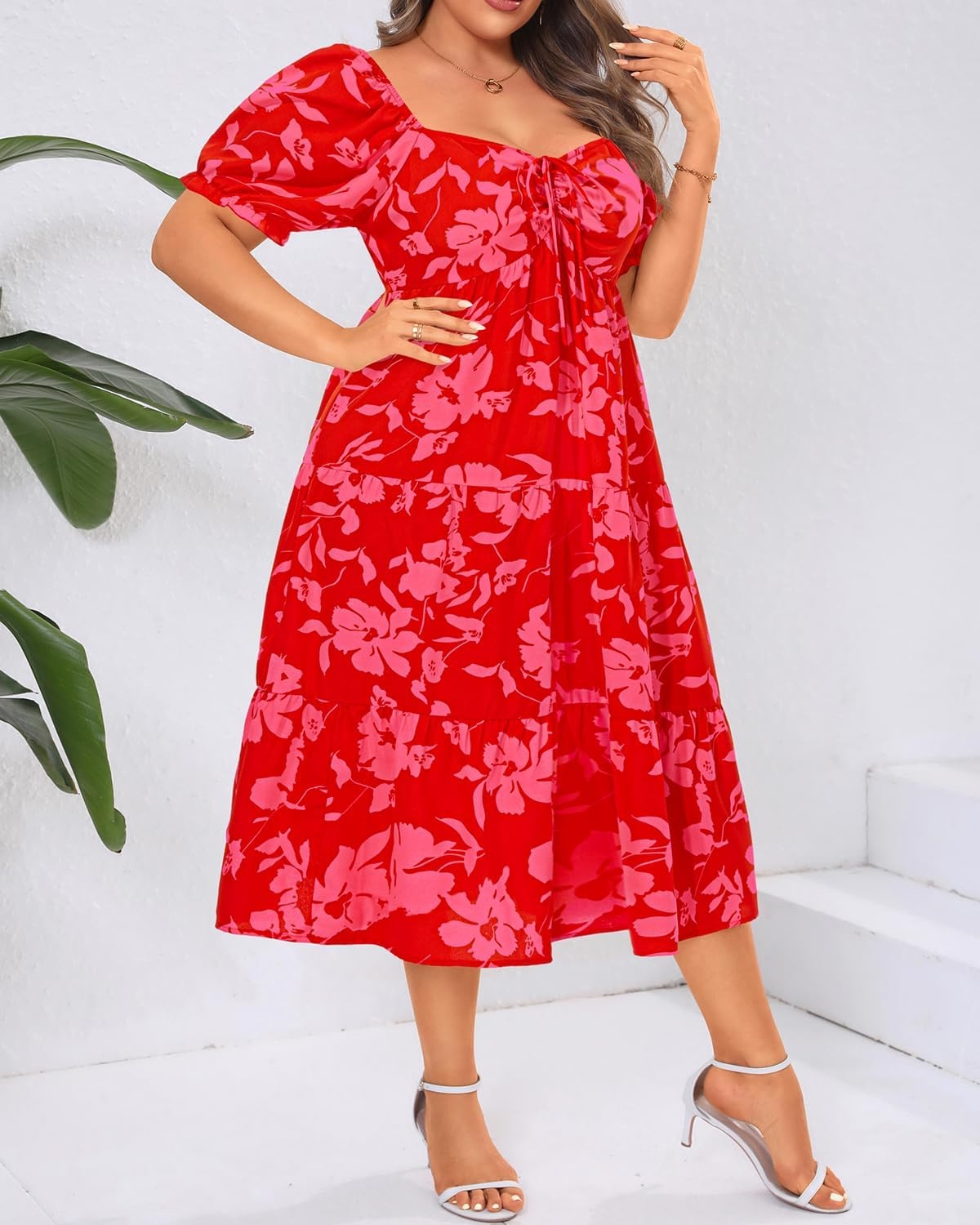 Talisea Plus Size Summer Dress – Casual A-line Flowy Midi Dress for Women(Red Floral)